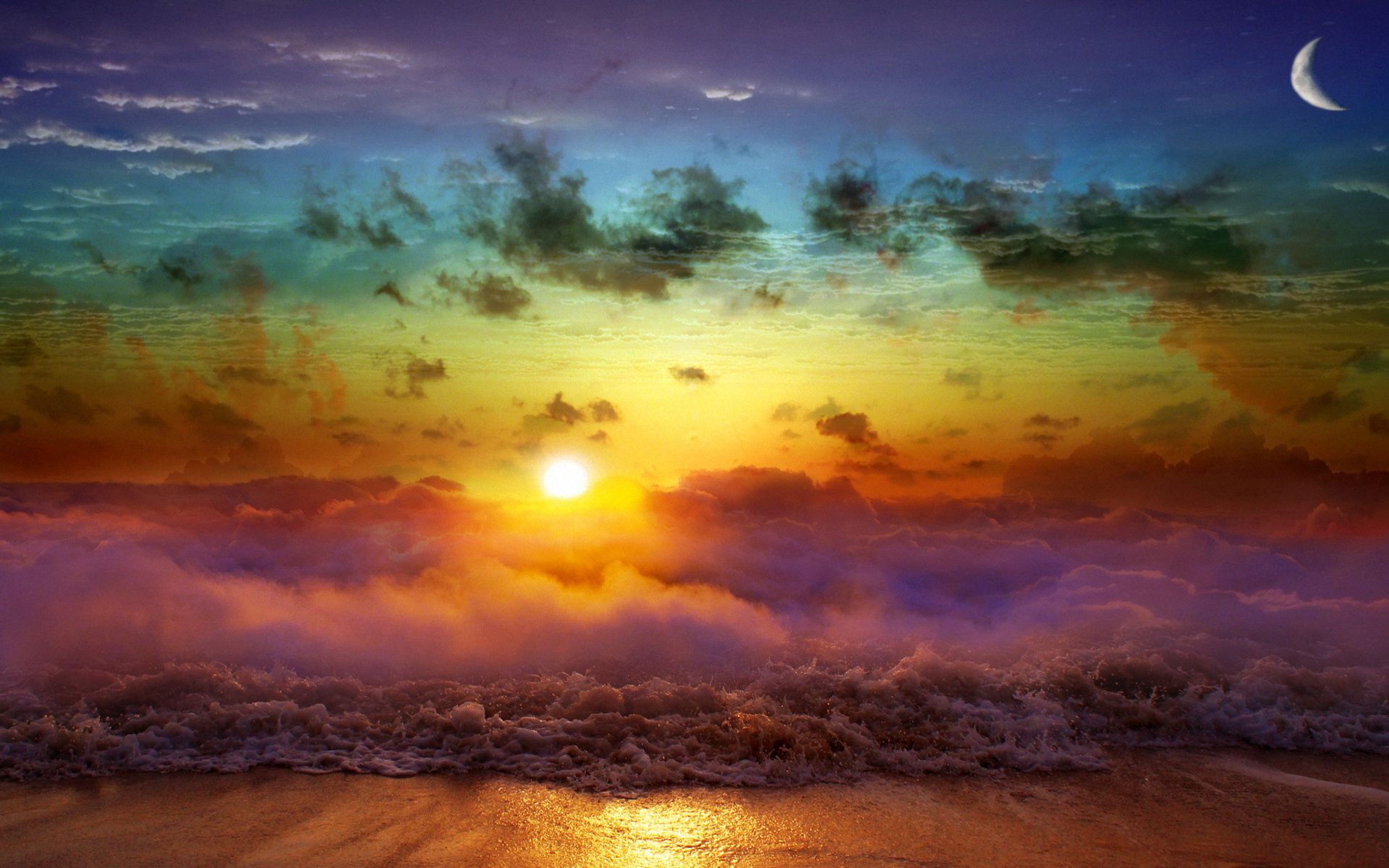 Desktop wallpaper: Nature, Sunset, Sea, Sun, Night, Clouds, Waves, Moon, Fog, Evening, Day, Merge, Confluence 4K free download for PC. 143900