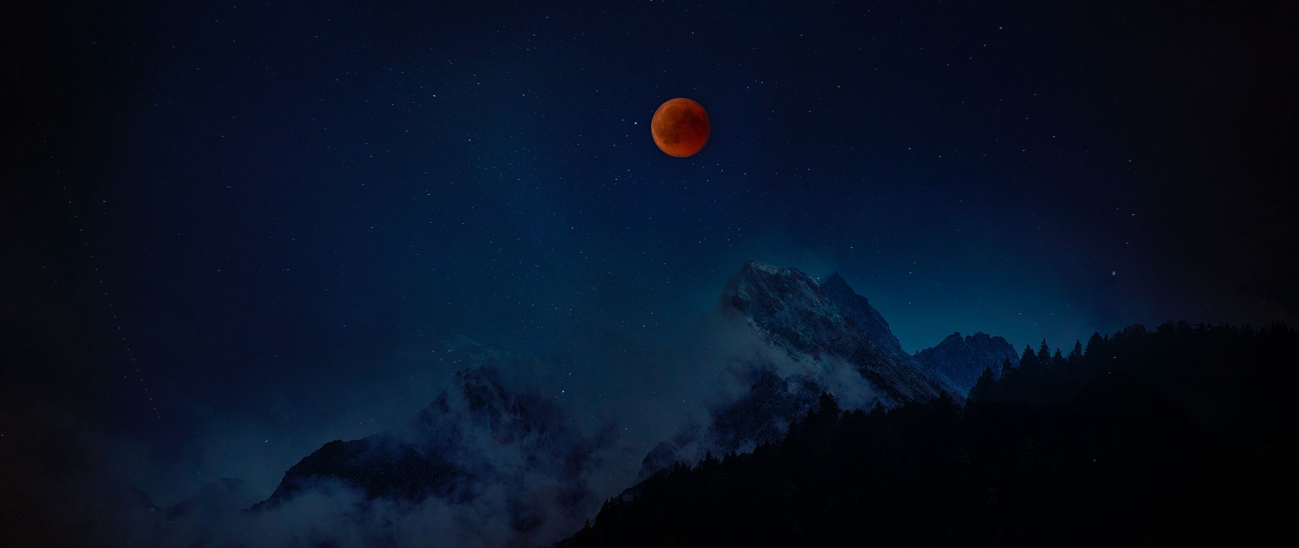 Download wallpaper 2560x1080 full moon, red moon, starry sky, mountains, night dual wide 1080p HD background