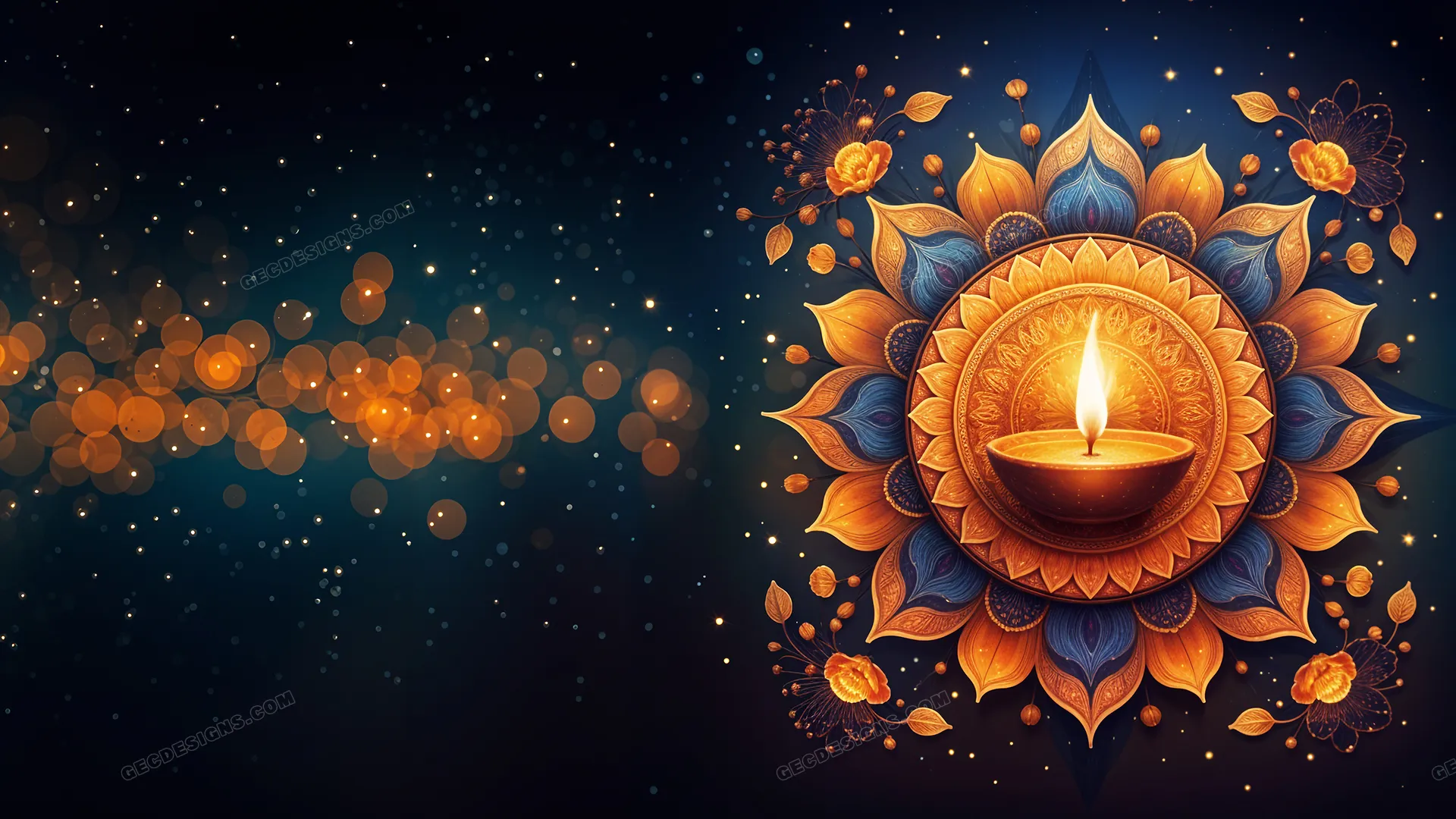 Beautiful Diya in a Decorative Rangoli background for Diwali Indian Festival