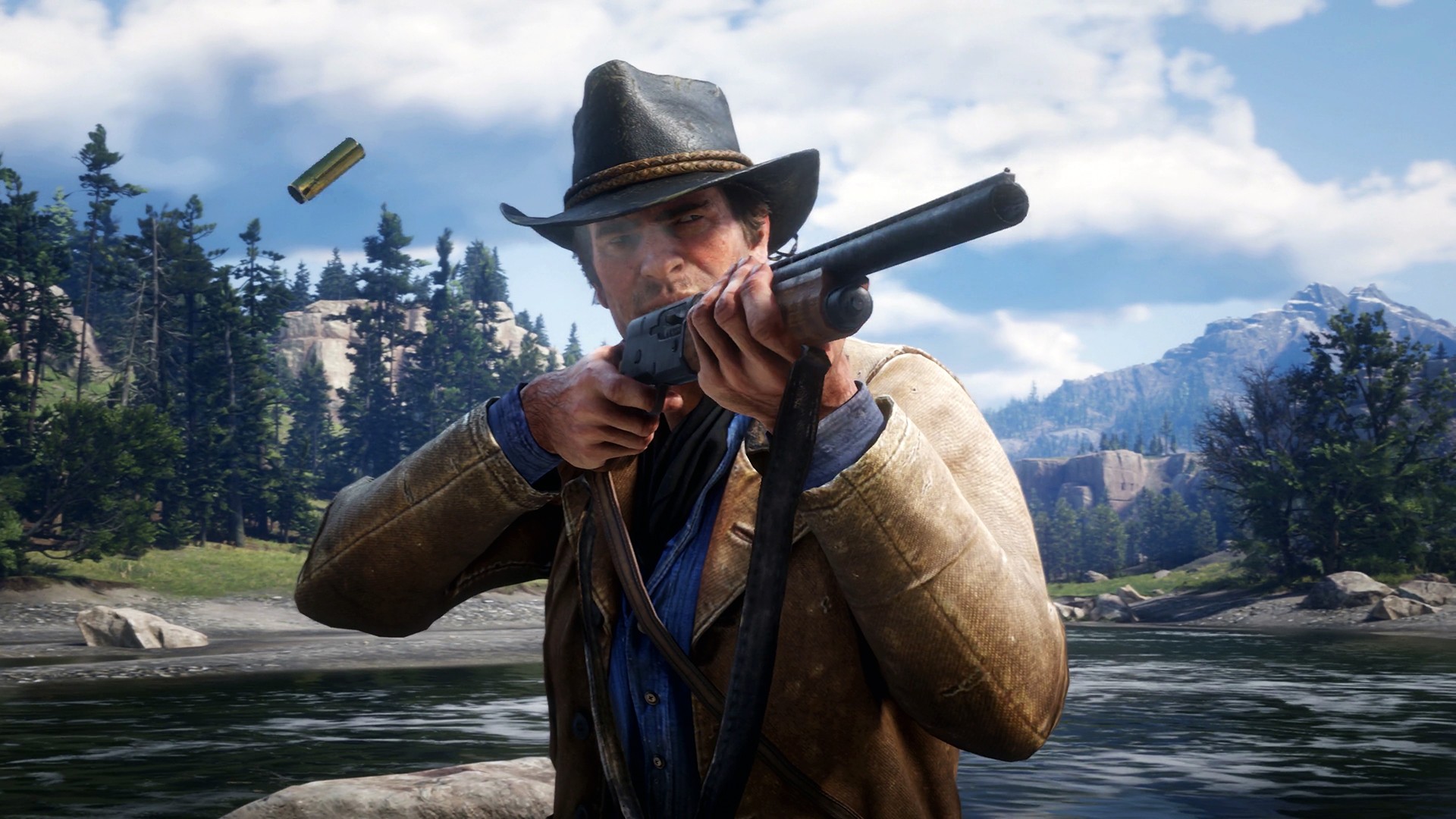 Arthur Morgan With Gun In Background Of Trees Mountain And Sky With Clouds HD Red Dead Redemption 2 Wallpaper