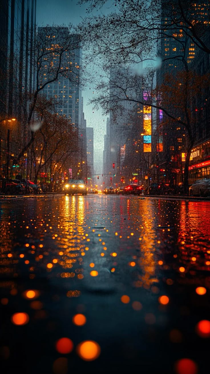 Rainy day city street wallpaper for mobile 4K HD