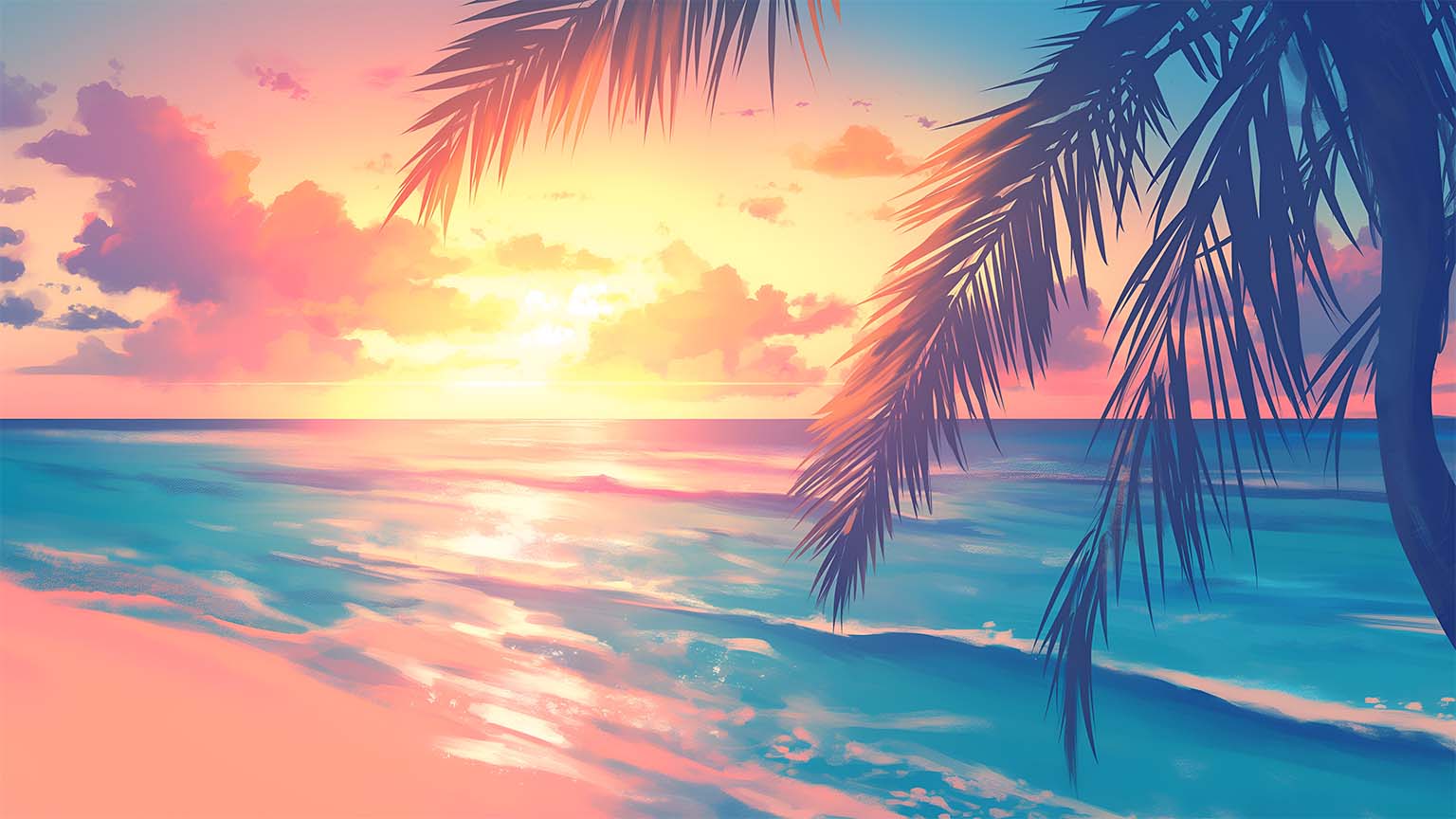 Ocean Sunset Pink Skies Palm Tree Glow Desktop Wallpaper 4K