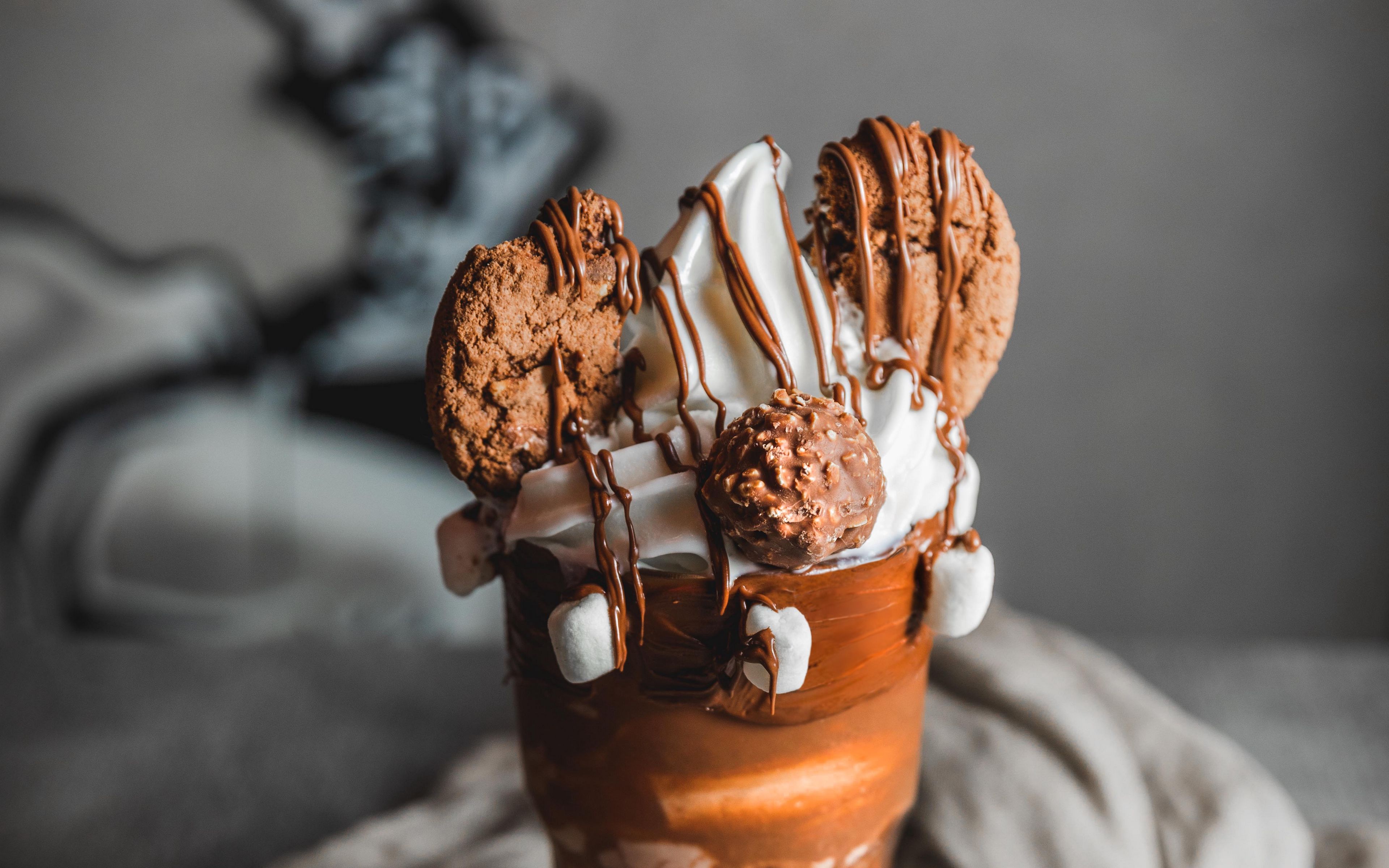 Download wallpaper 3840x2400 ice cream, dessert, cookies, marshmallows, glass 4k ultra HD 16:10 HD background