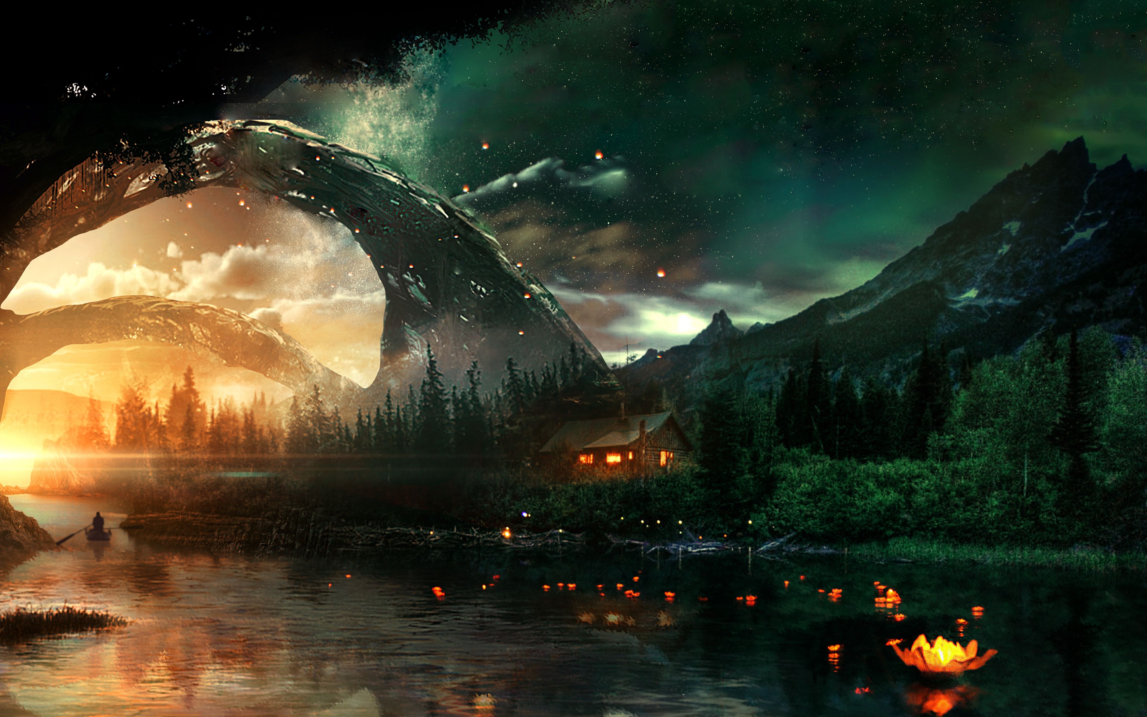 Download wallpaper 3840x2400 river, house, art, night, starry sky, fantastic 4k ultra HD 16:10 HD background