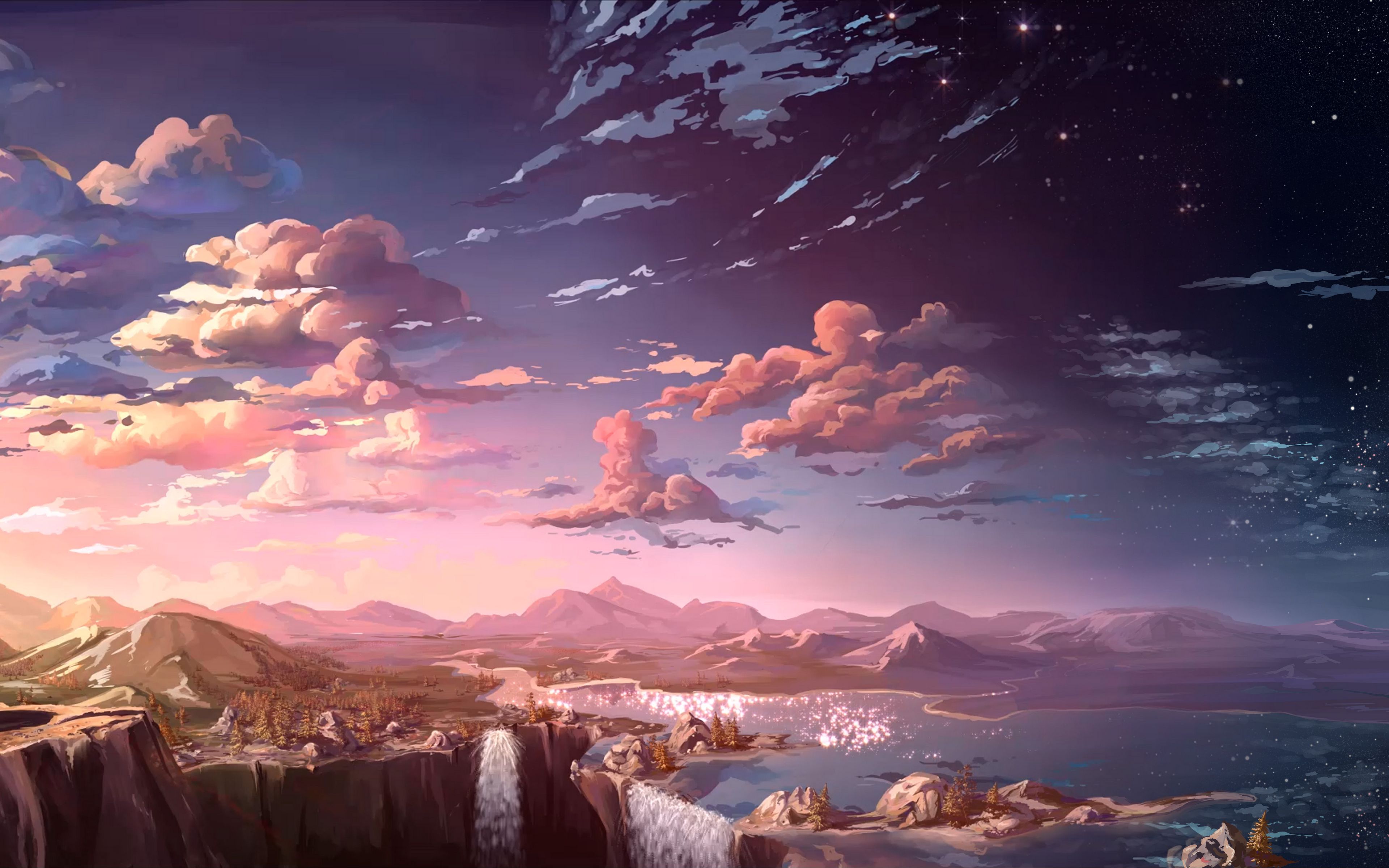 Download wallpaper 3840x2400 clouds, mountains, art, waterfalls, sky 4k ultra HD 16:10 HD background