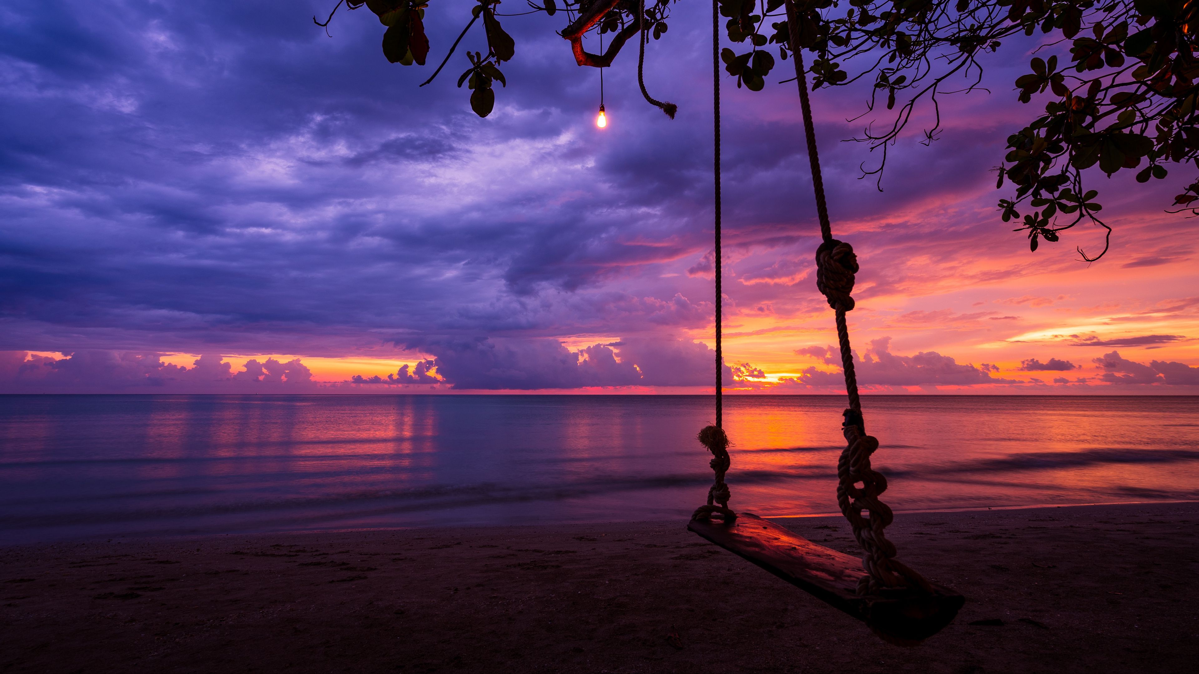 Download wallpaper 3840x2160 swing, garland, beach, sunset 4k uhd 16:9 HD background
