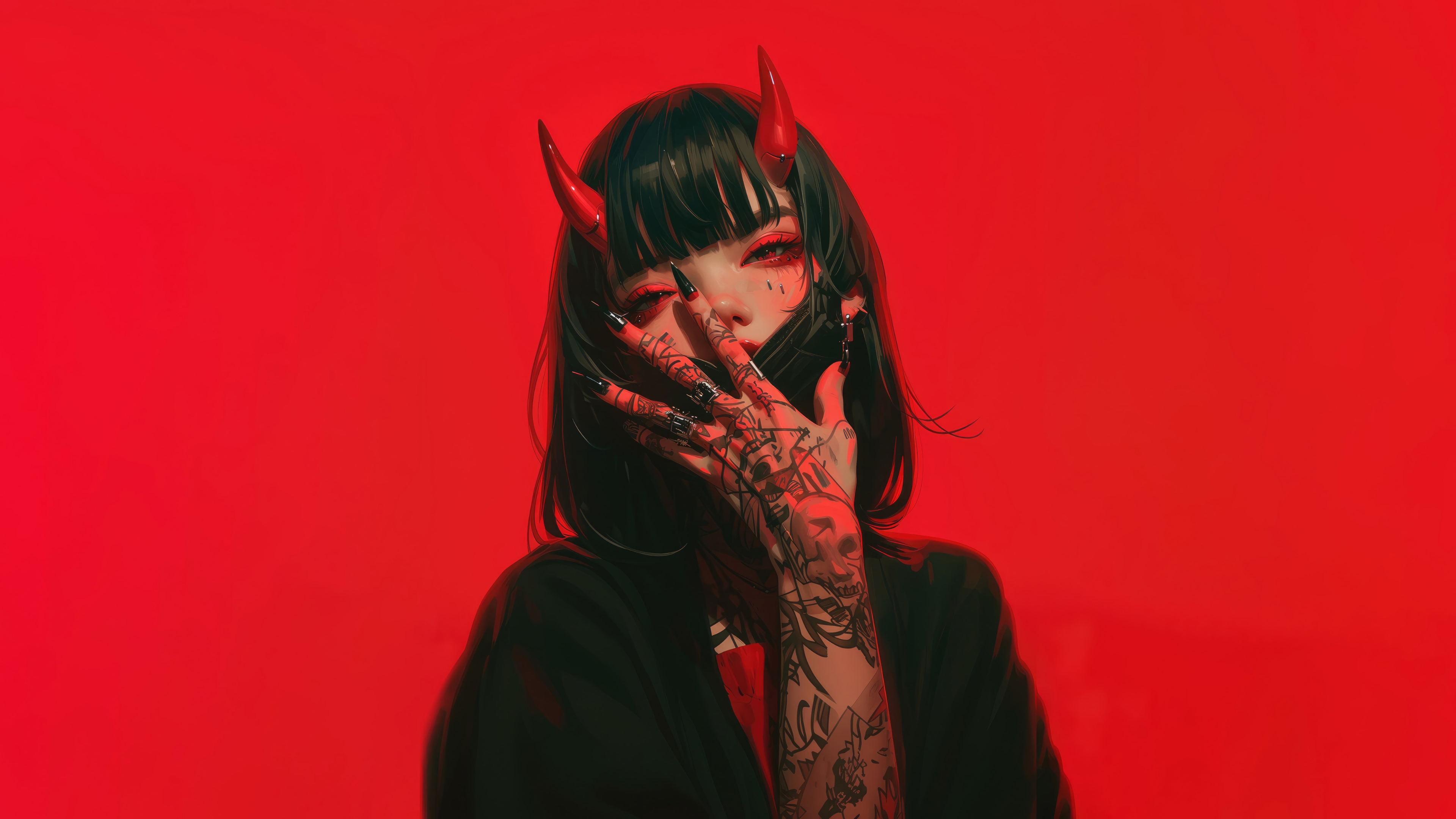 horror anime girl with horns big nails wearing black dress in red background 4K HD Anime Girl Wallpaper