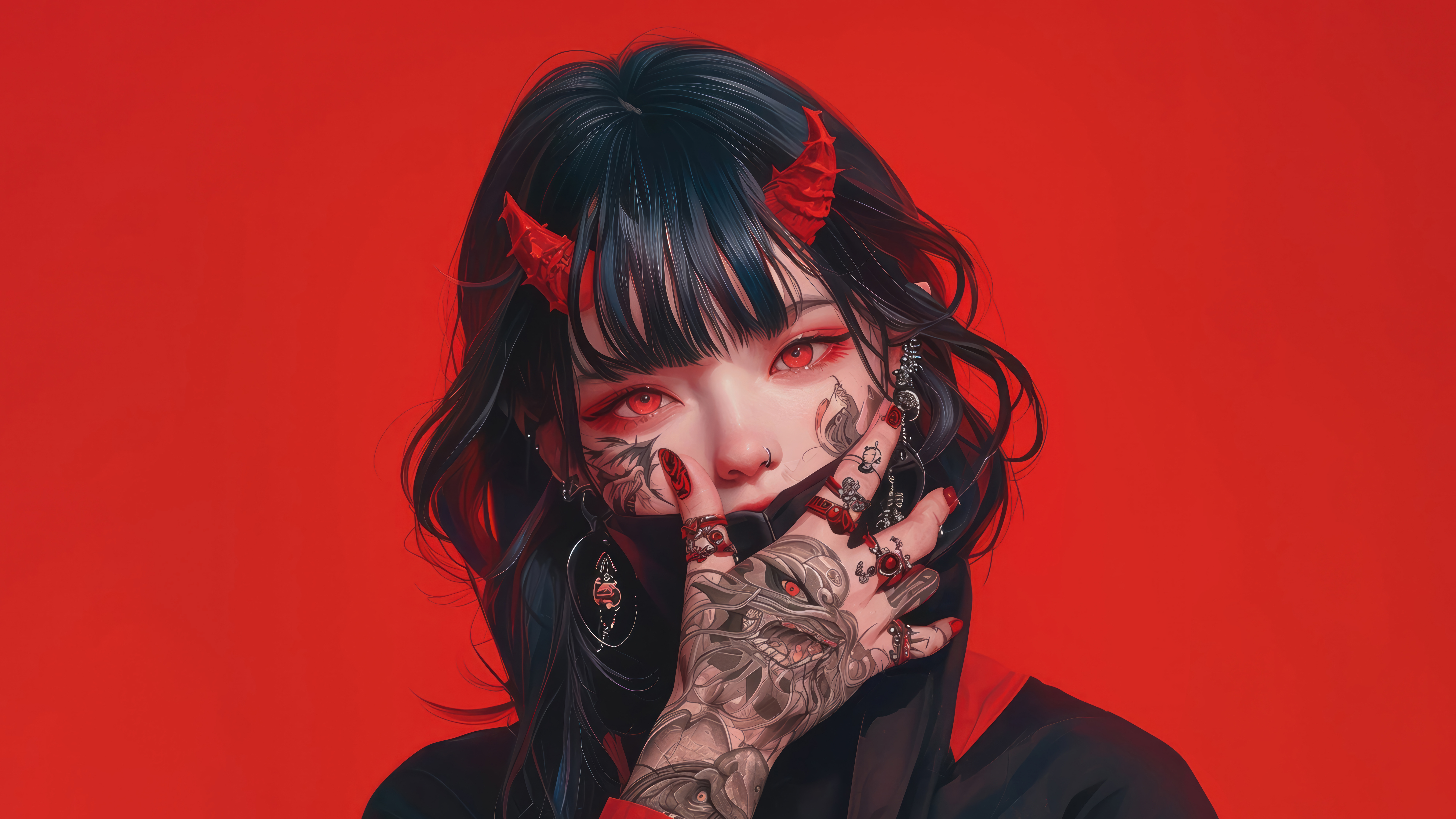 Anime Girl Tattoo Red Eyes Demon Horn Wallpaper 4K 8K HD PC a