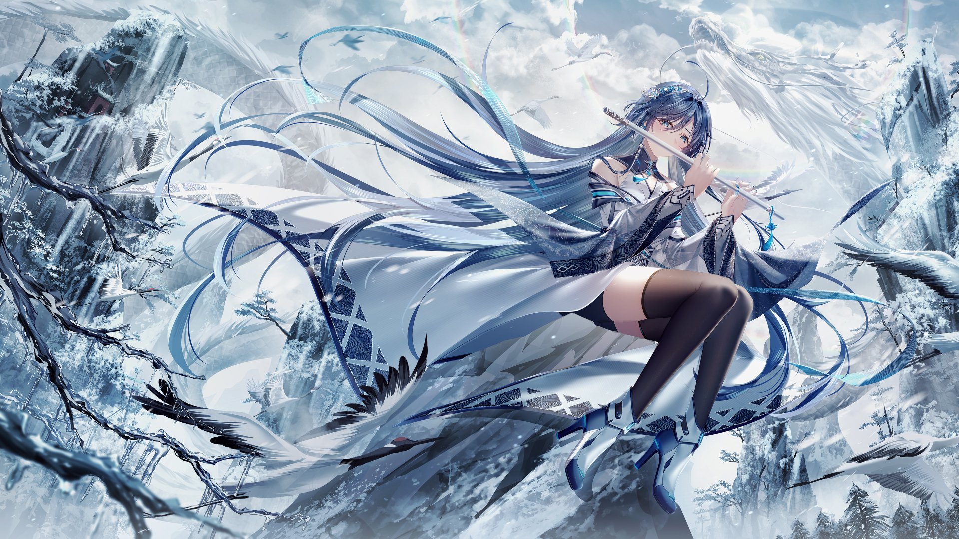 4K Ultra HD Anime Girl with Blue Hair Playing Flute Amidst Frozen Peaks