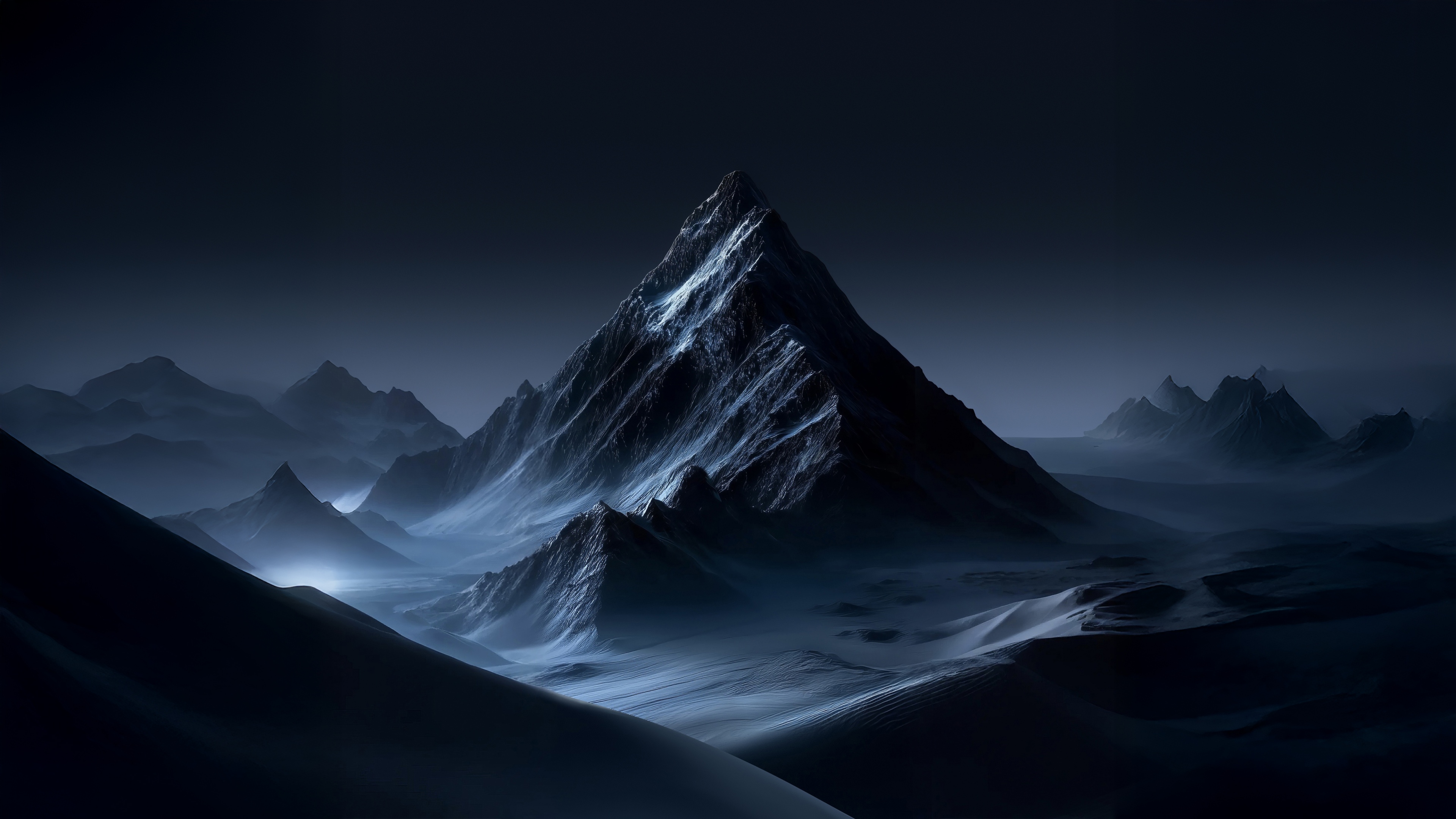 Mountain Landscape Wallpaper 4K, Night, Snow, Dark blue, Ethereal