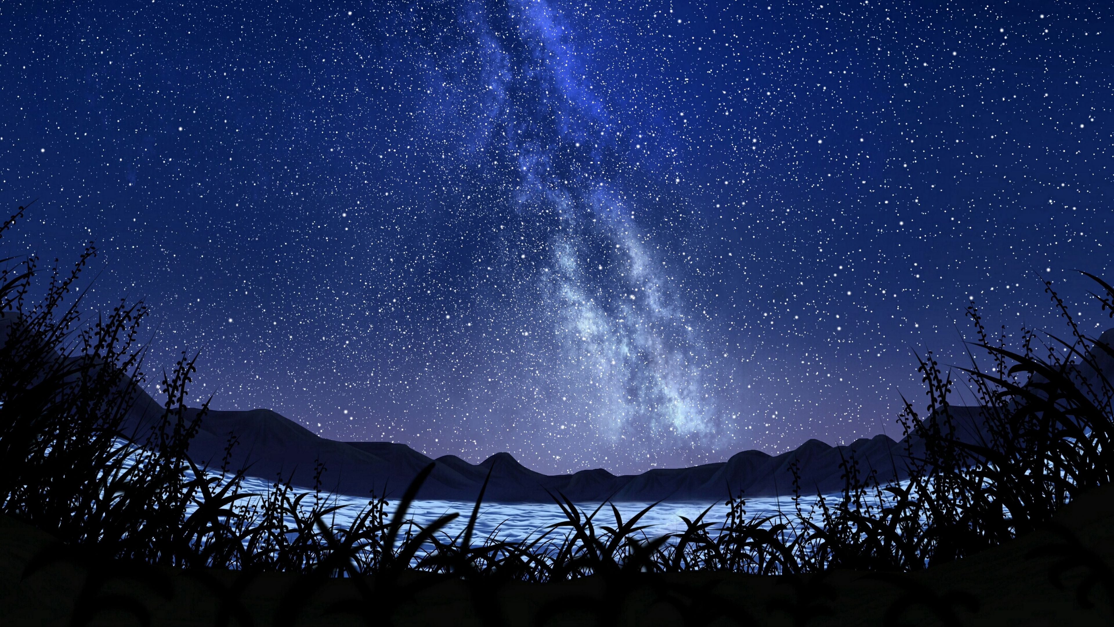 Download wallpaper 3840x2160 stars, starry sky, milky way, art, night, sky, grass 4k uhd 16:9 HD background