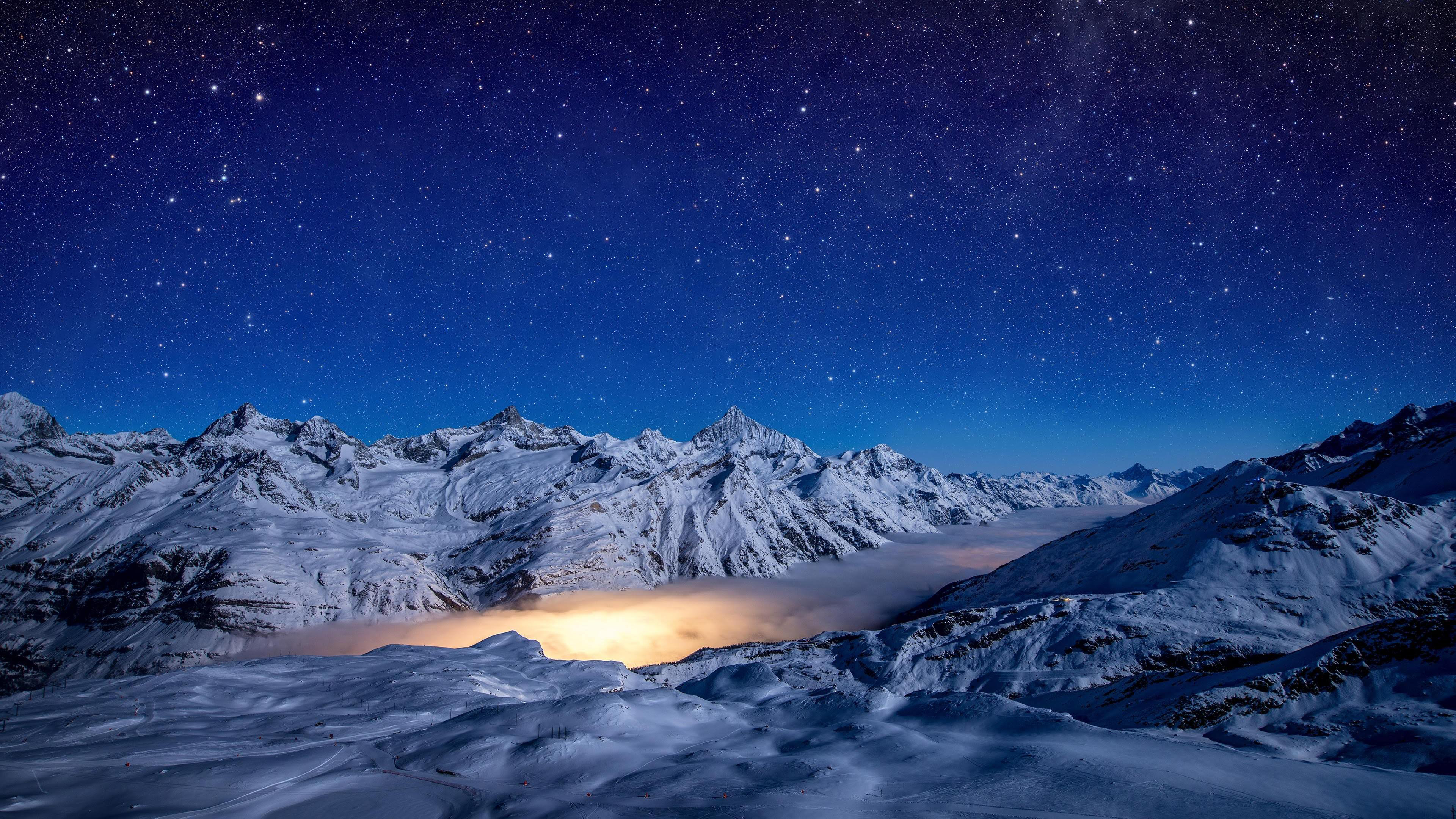 Starry Night Snow Covered Mountains 4K HD Nature Wallpaper