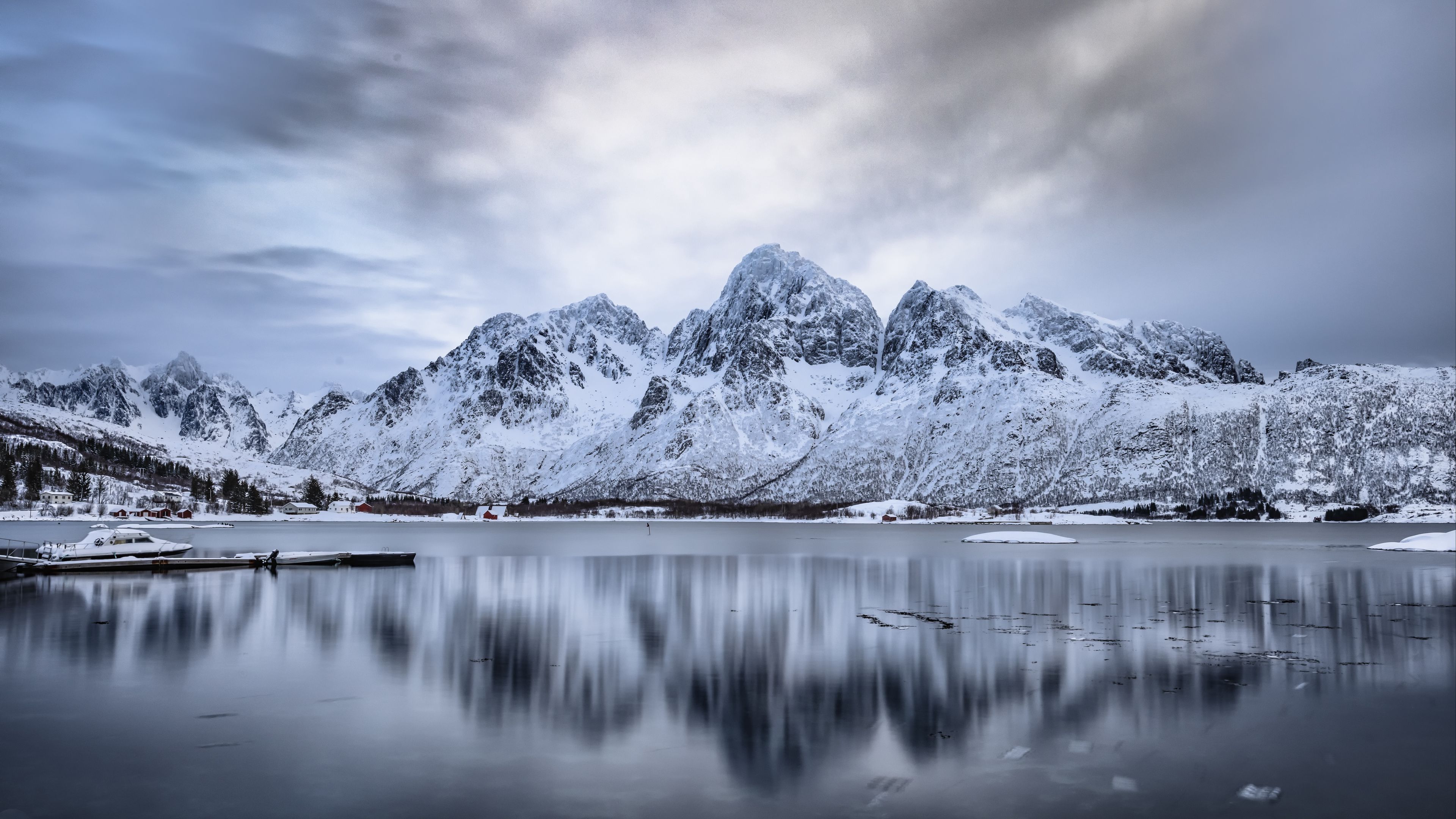 Download wallpaper 3840x2160 mountains, snow, winter, lake, reflection 4k uhd 16:9 HD background