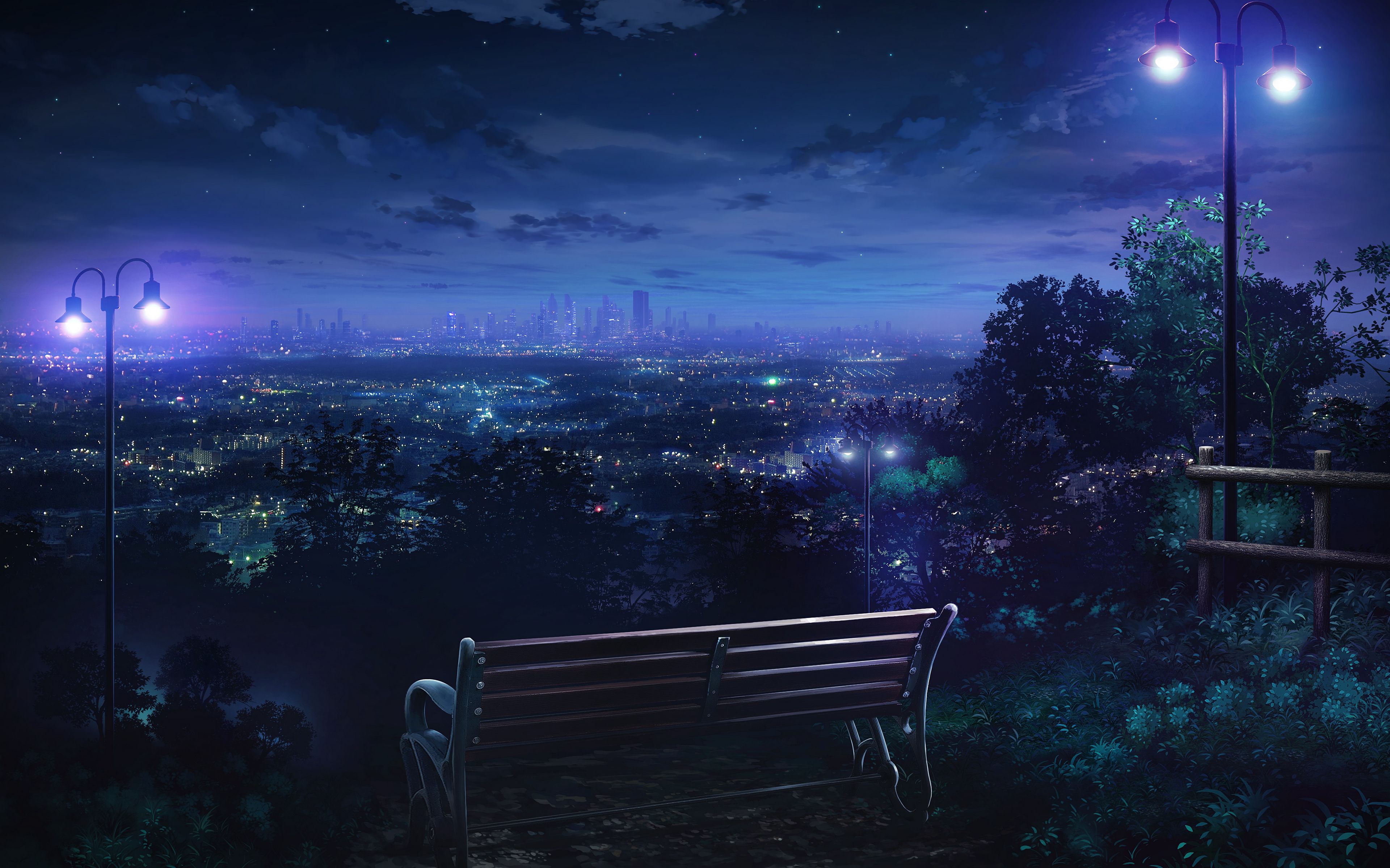 Download wallpaper 3840x2400 bench, night city, overview 4k ultra HD 16:10 HD background