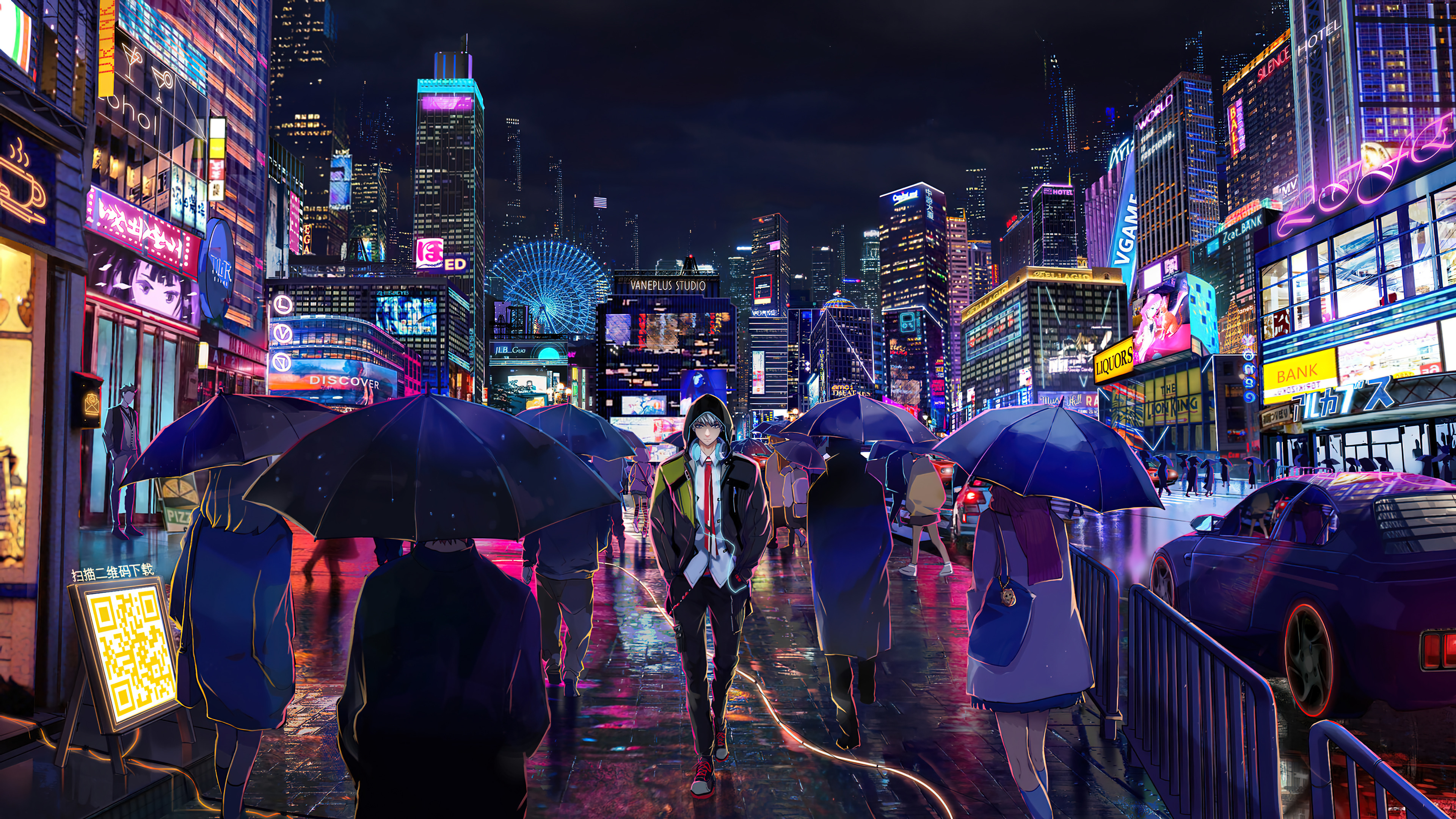 Night City Anime Boy Walking Wallpaper 4K PC Desktop f