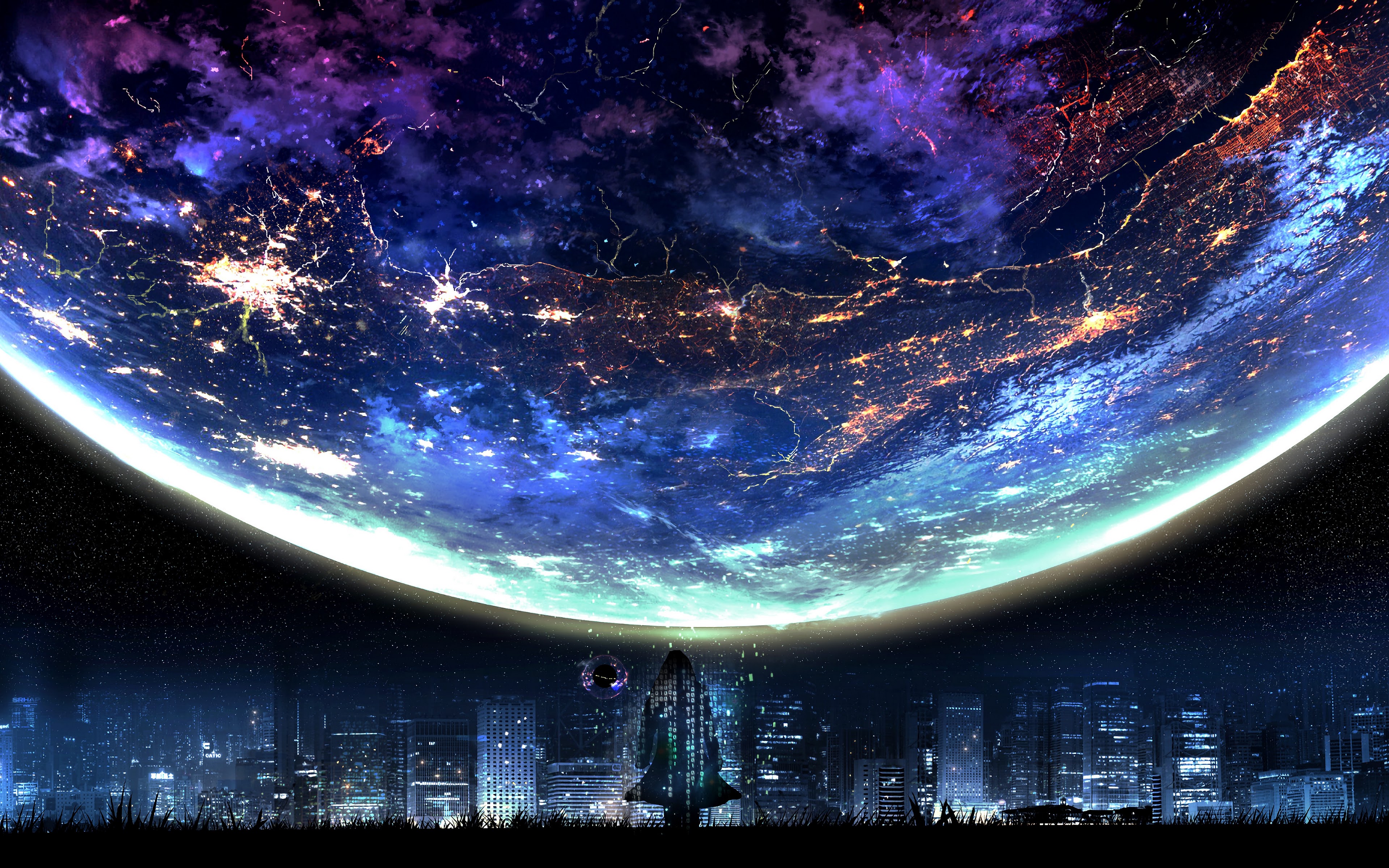 Planet Night City Landscape Scenery Anime 4K Wallpaper HD
