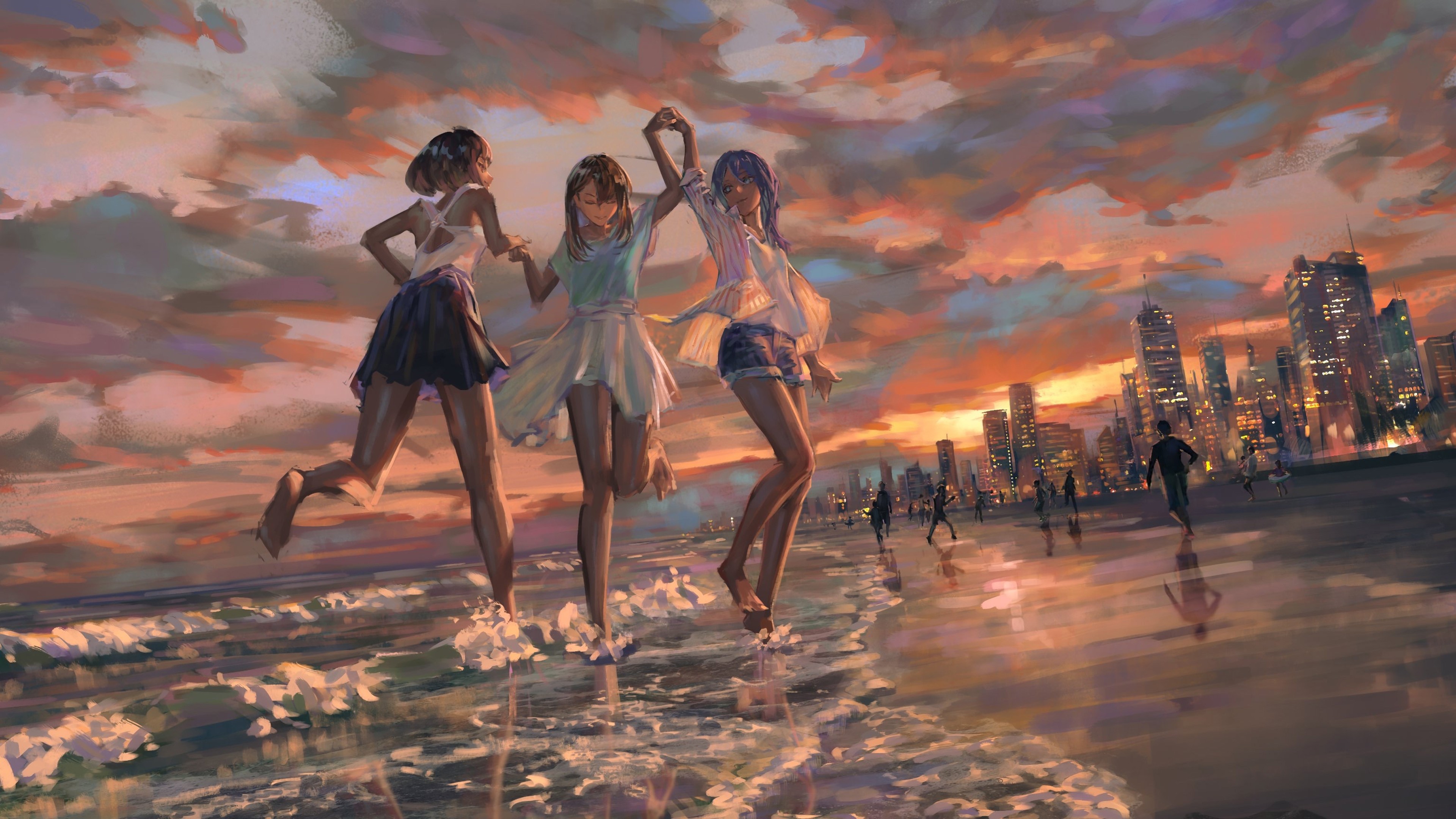 Three Anime Girl Friends On Beach Waves 4K HD Anime Friends Wallpaper