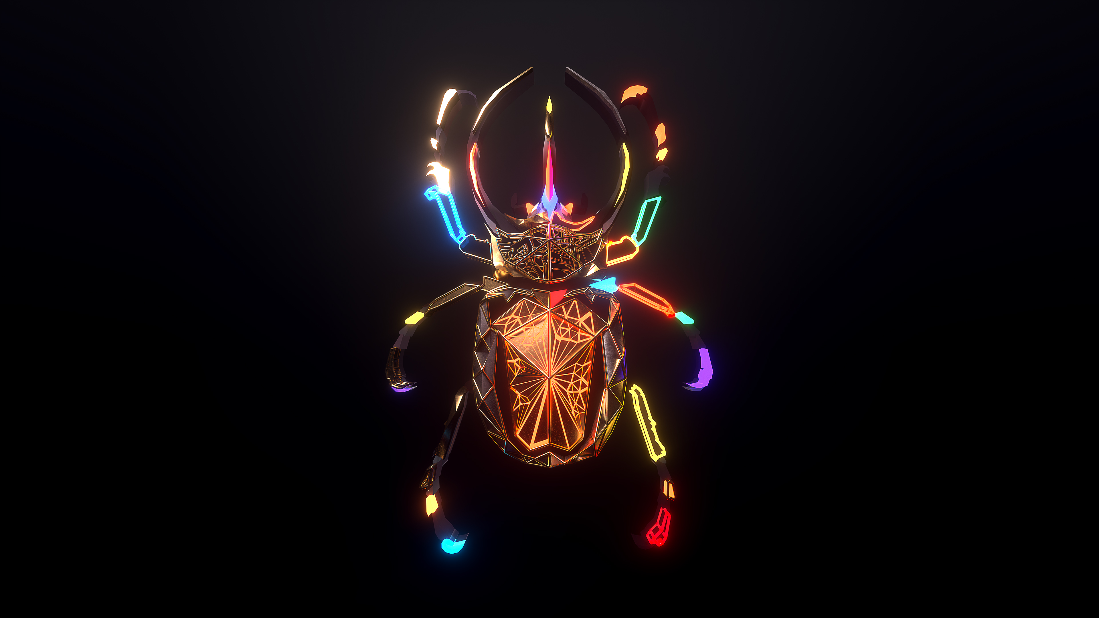 Colorful Wallpaper 4K, Beetle, Glowing, Dark background