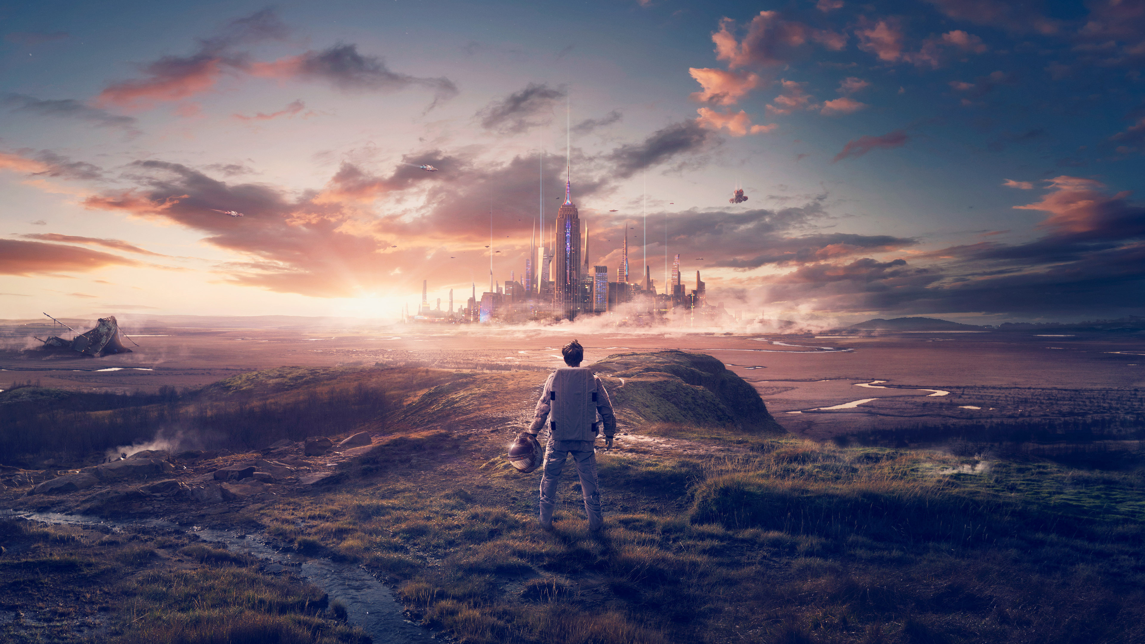 Astronaut Landscape Sci Fi City Wallpaper 4K HD PC F