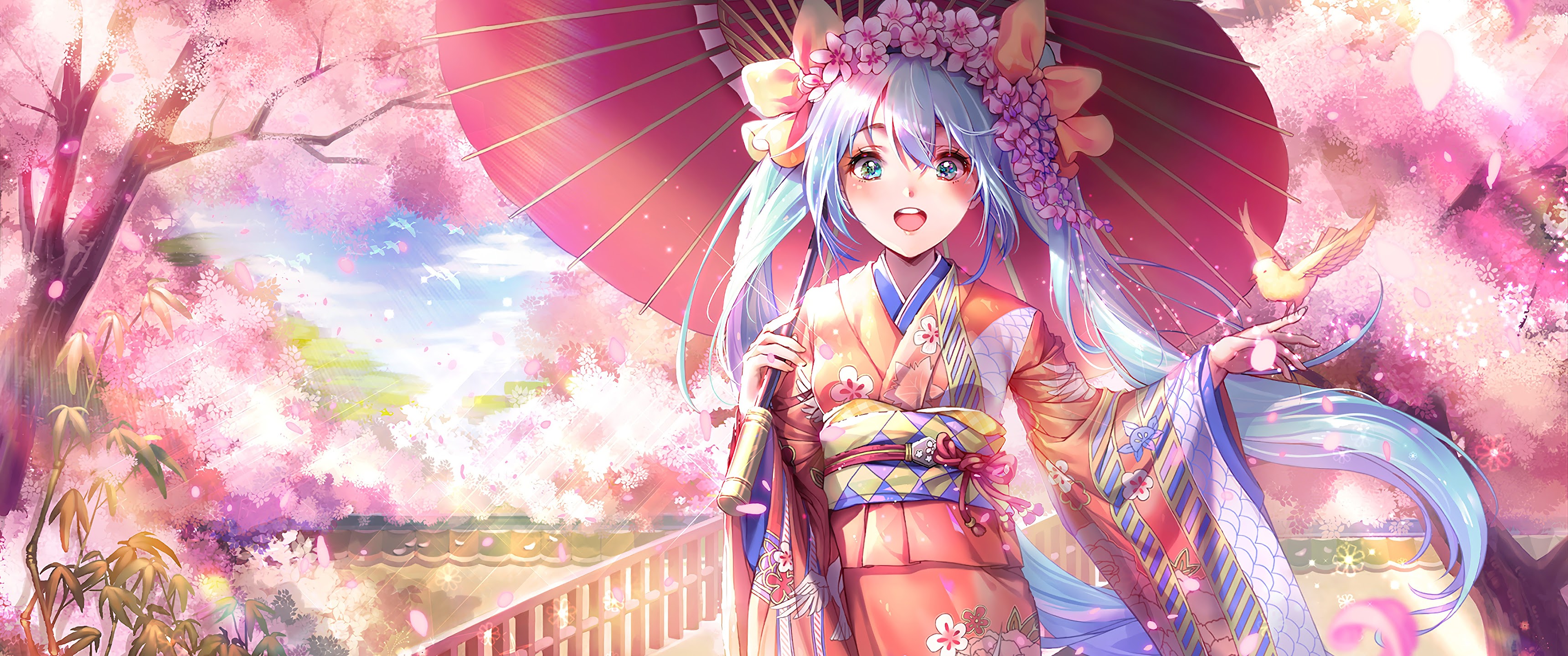 Anime Girl Kimono Cherry Blossom 4K Wallpaper HD