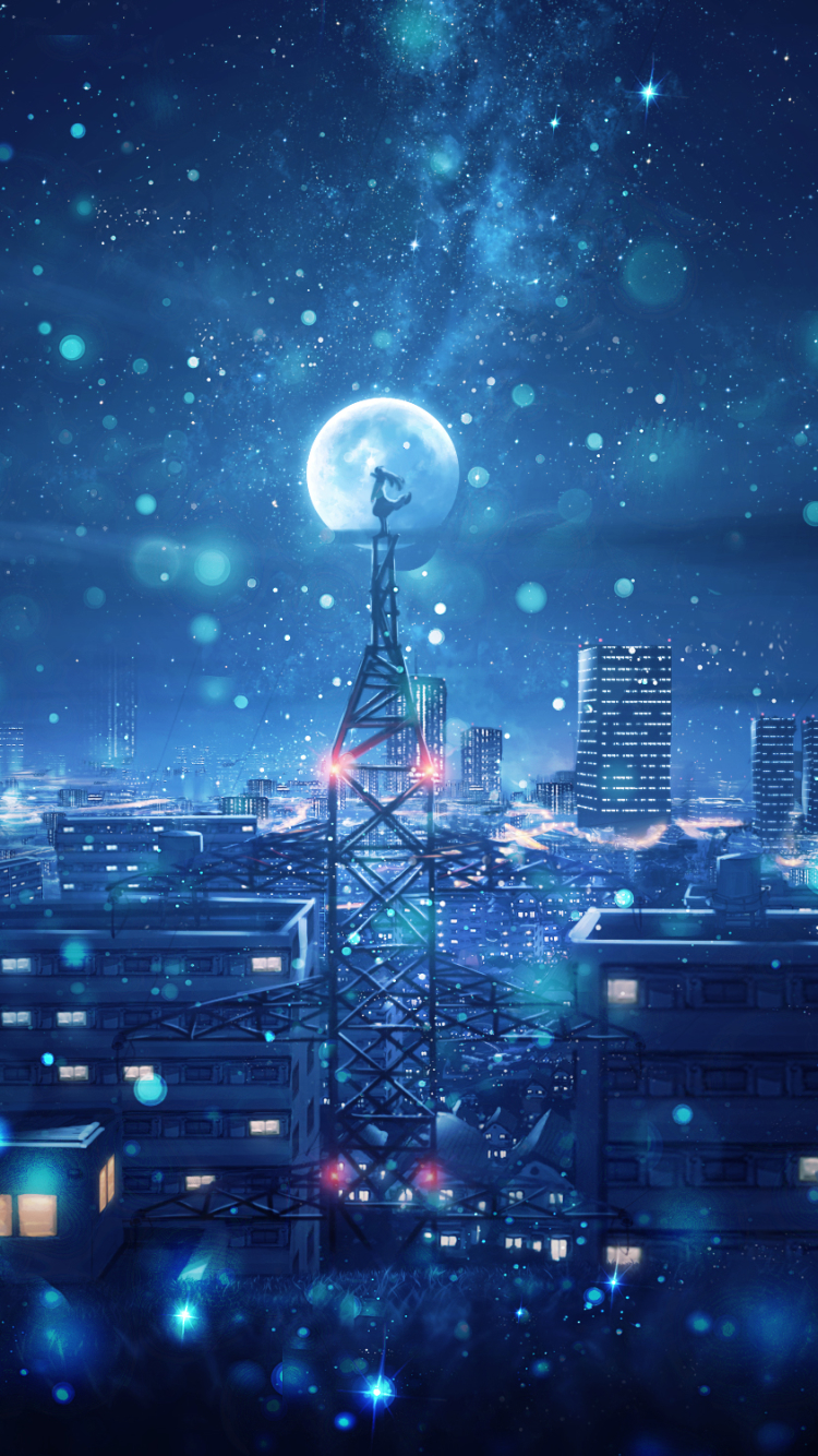 Phone wallpaper: Snowfall, Moon, Night, Anime, City, Tokyo Tower, Light, Sky 1328180