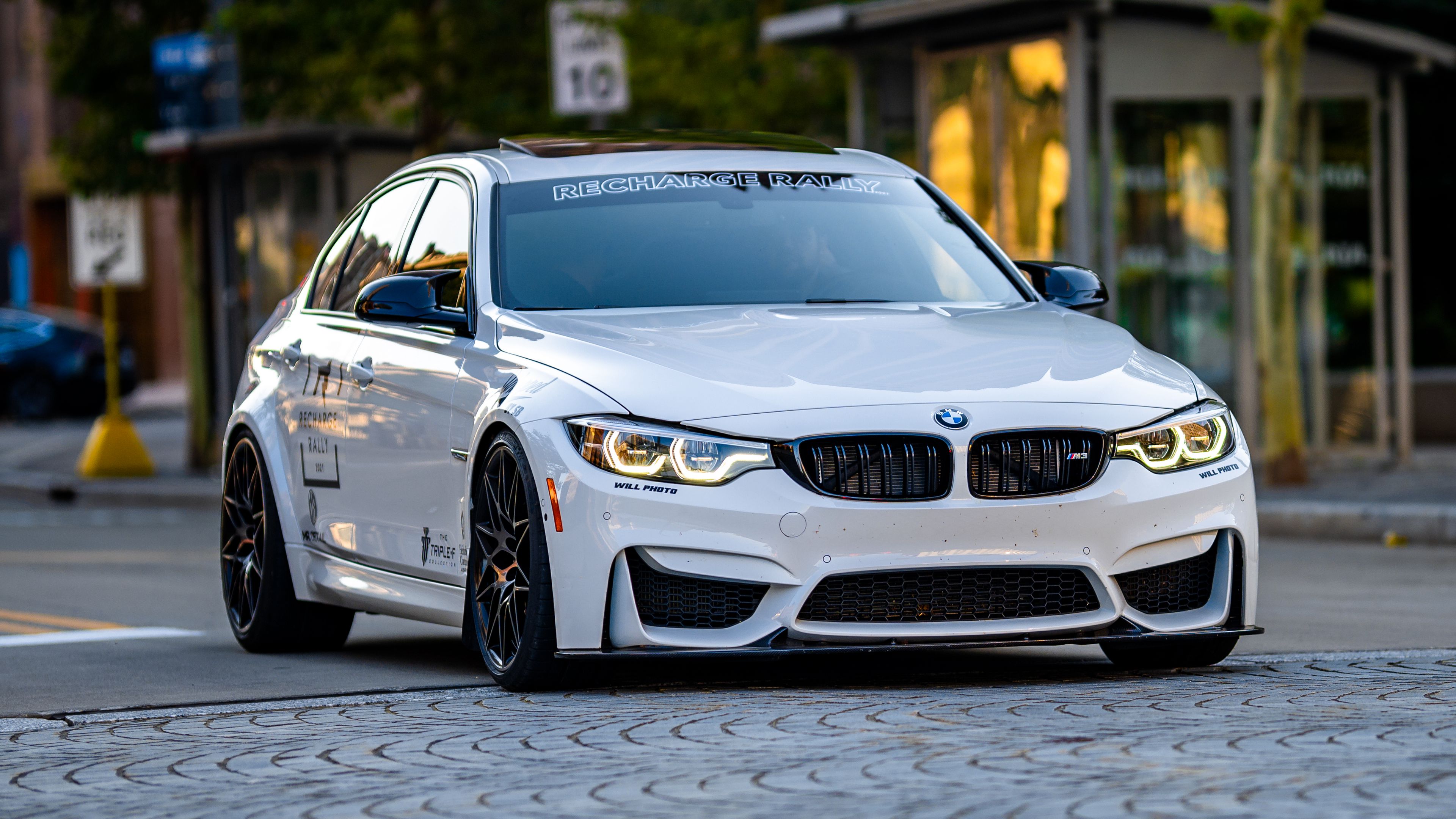 Download wallpaper 3840x2160 bmw, car, white, road, front view 4k uhd 16:9 HD background