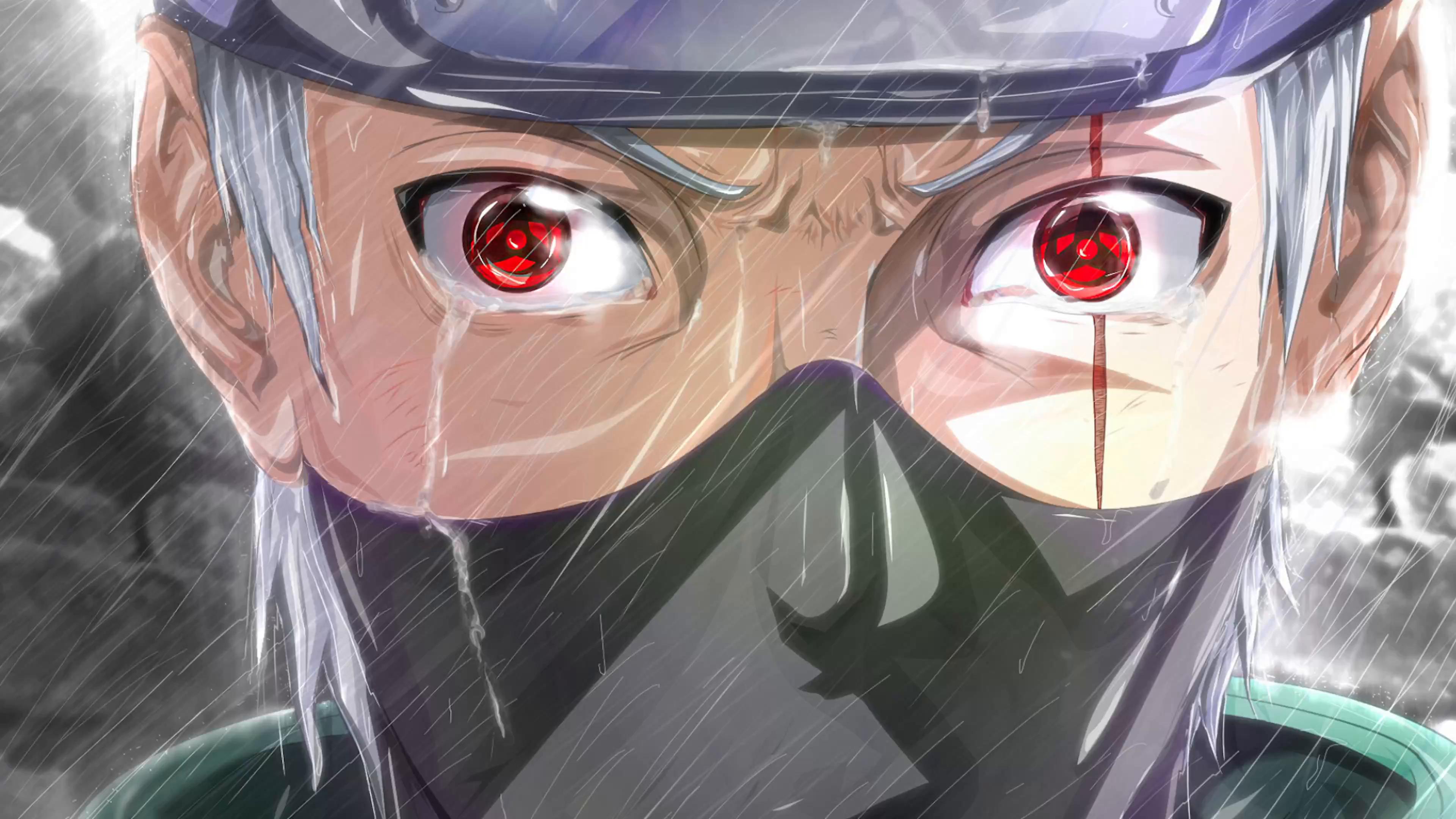 Kakashi Hatake With Sharingan Symbols Crying in the Rain Live Wallpaper