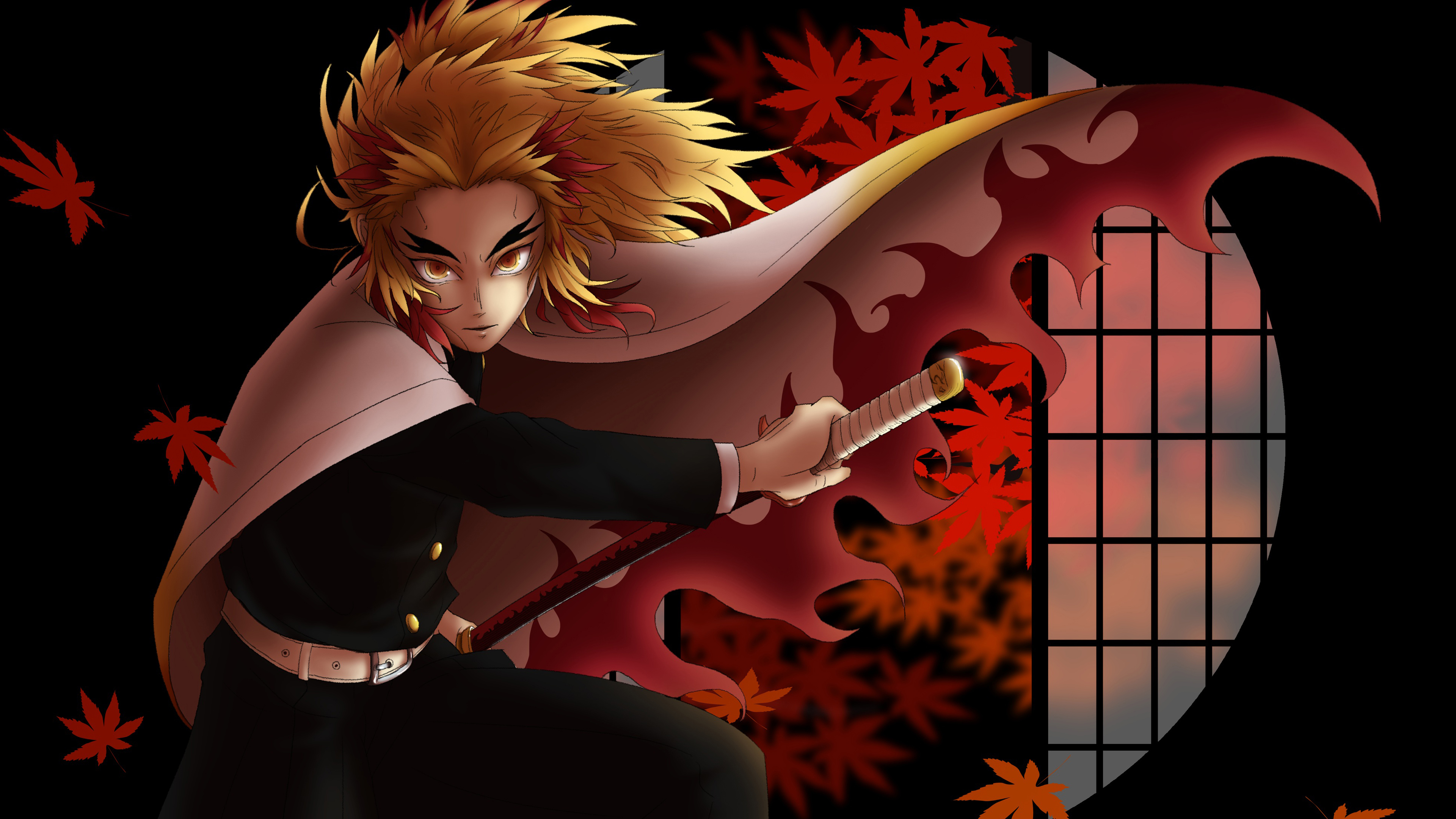 Demon Slayer Kyojuro Rengoku With Sword With Background Of Window Red Leaves And Black 4K HD Anime Wallpaper