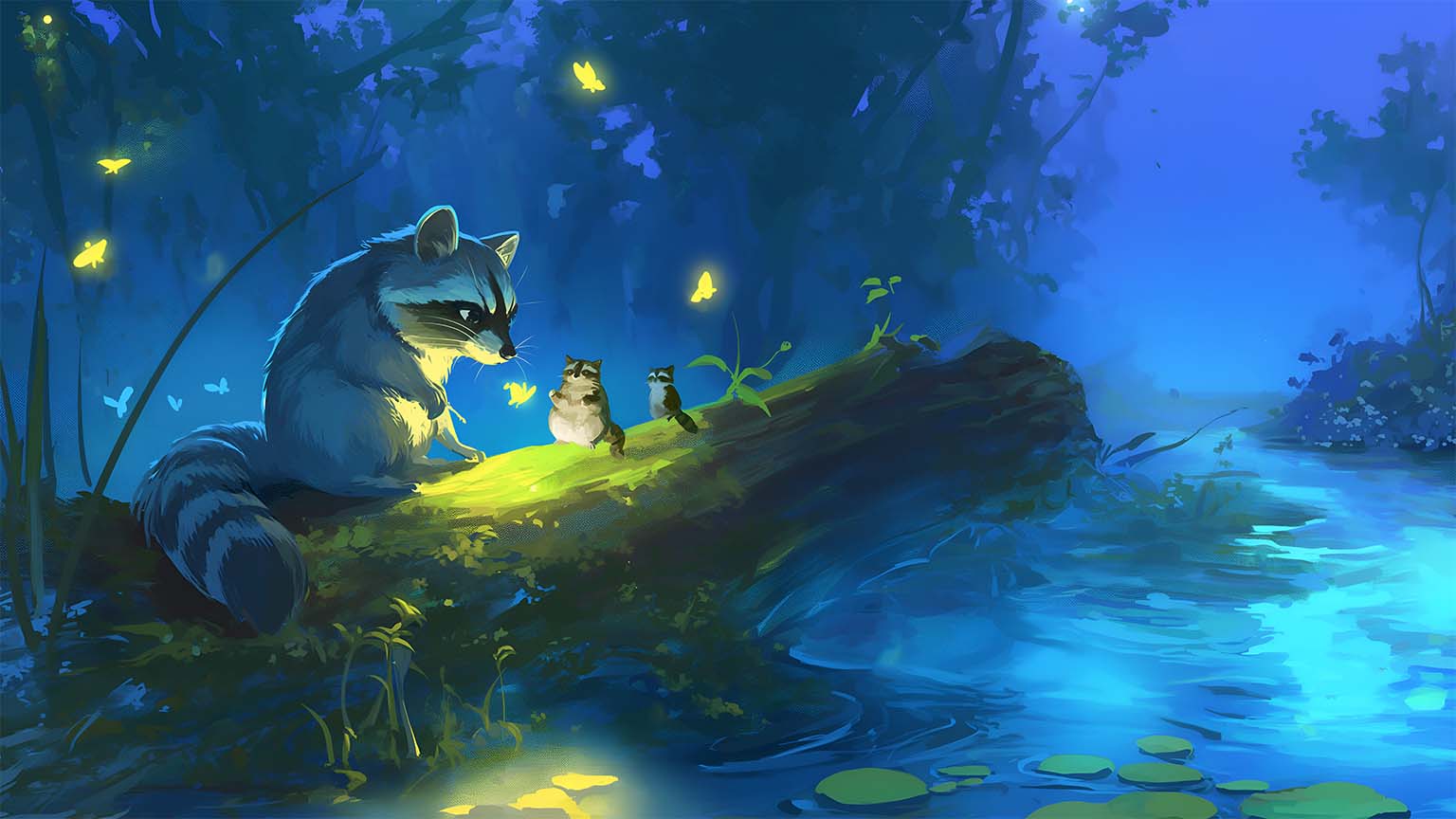 Raccoon Fireflies Night Log Mystical Scene Desktop Wallpaper 4K