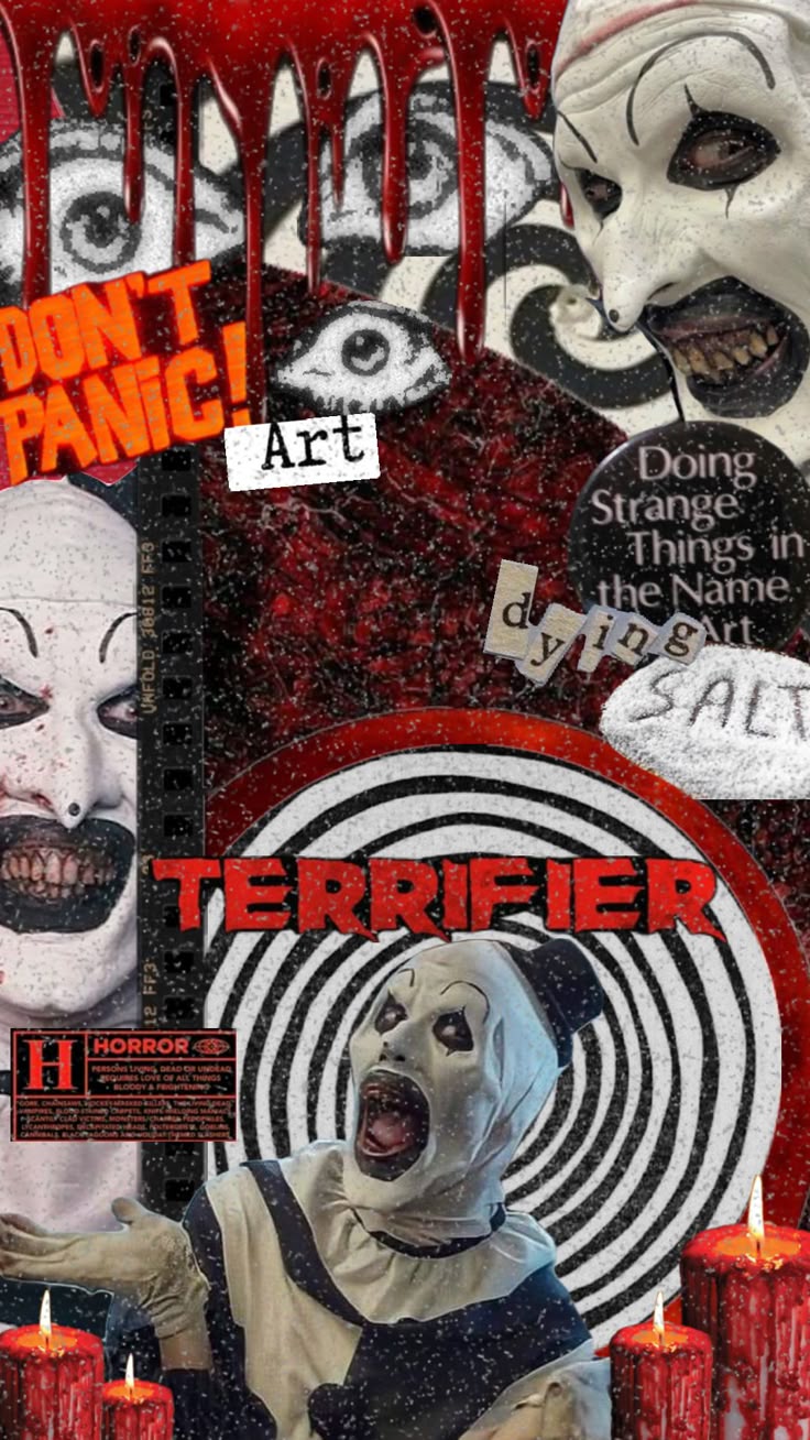 terrifier #terrifier #horrorcollage #horroraesthetic #arttheclown #arttheclowncollage #redh. Scary wallpaper, Halloween wallpaper cute, Movie character wallpaper