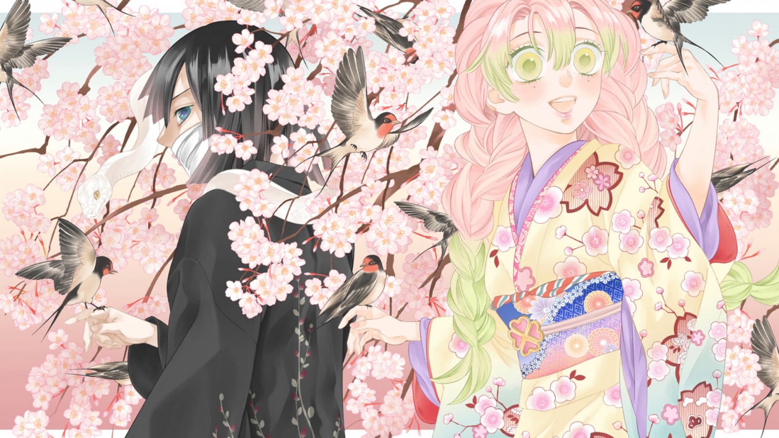 Demon Slayer Mitsuri Kanroji Obanai Iguro Around Flowers Birds And Snake HD Anime Wallpaper
