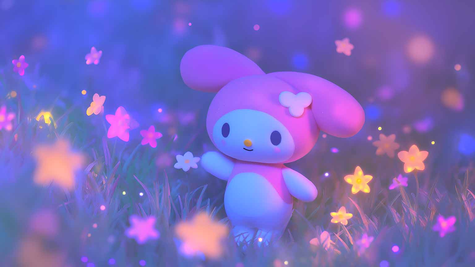 My Melody Standing in Magical Glowing Field Desktop Wallpaper