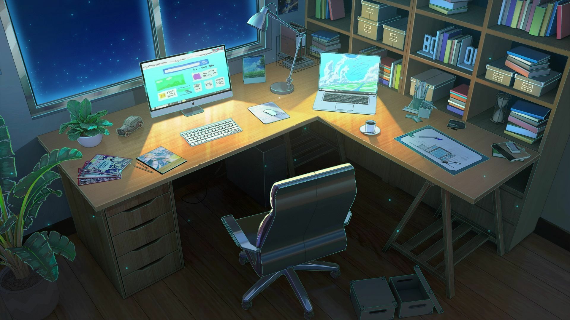 Anime Night Study: Cozy HD Workspace with Computer and Books by 行之LV