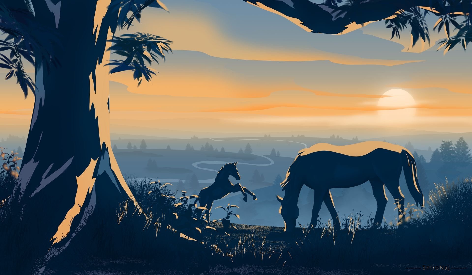 Serene Sunset with Horses Wallpaper