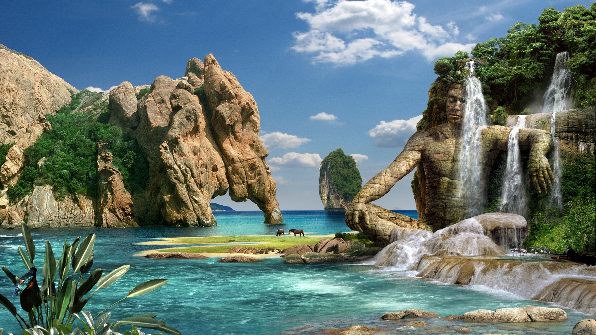 Desktop wallpaper: Tropics, Thailand, Manipulation, Photography, Bay, Statue, Tapu, Waterfall 4K free download for PC. 671084