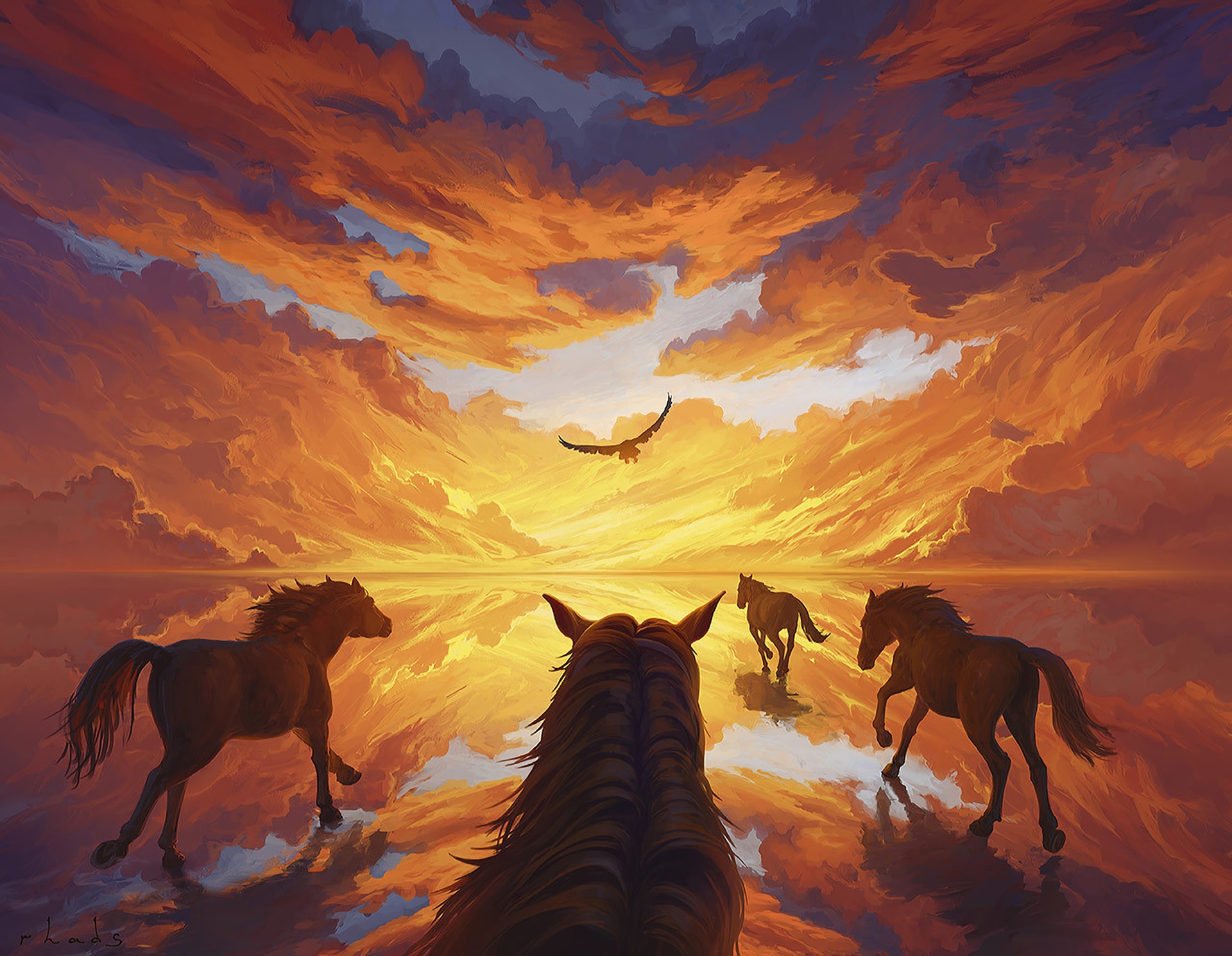 Wallpaper sunset, rendering, bird, horse, art for mobile and desktop, section арт, resolution 1920x1490