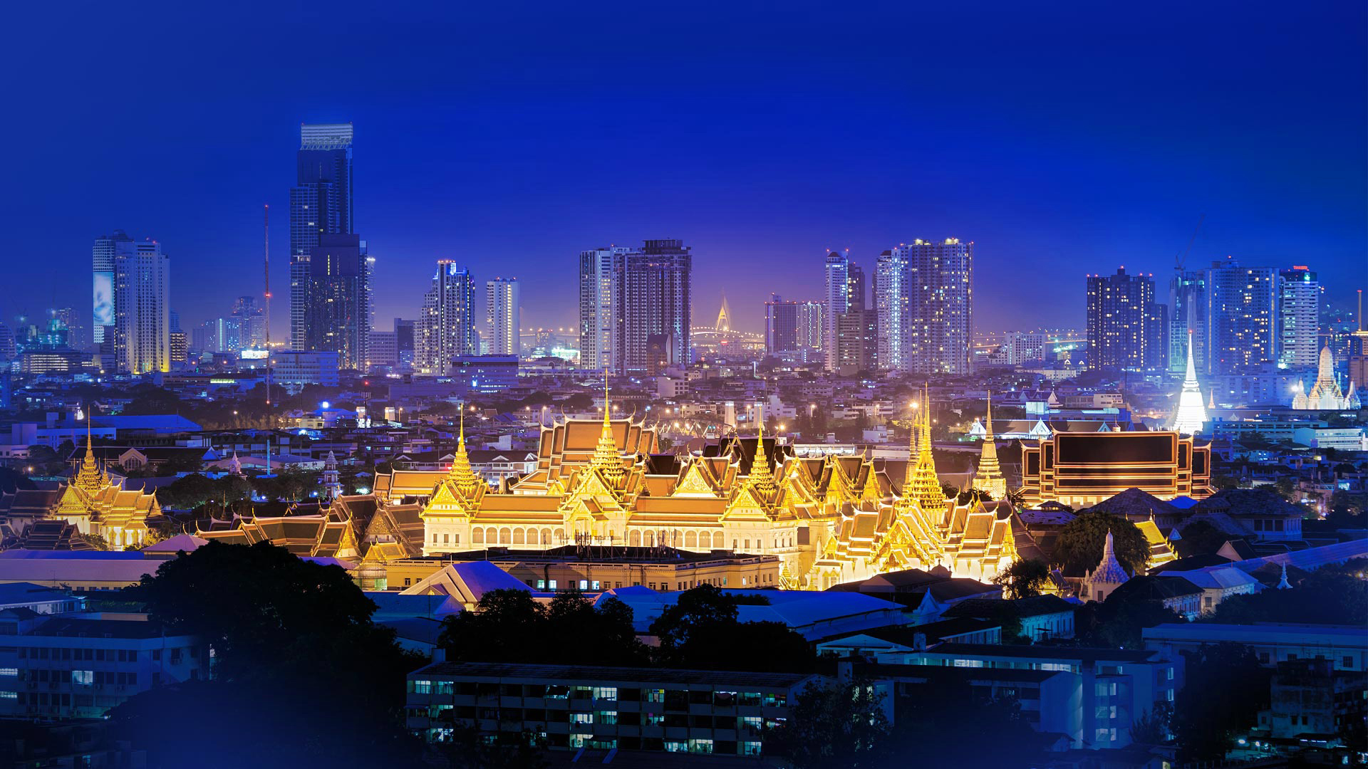 Skyscraper Bangkok Grand Palace With Lights In Thailand HD Travel Wallpaper