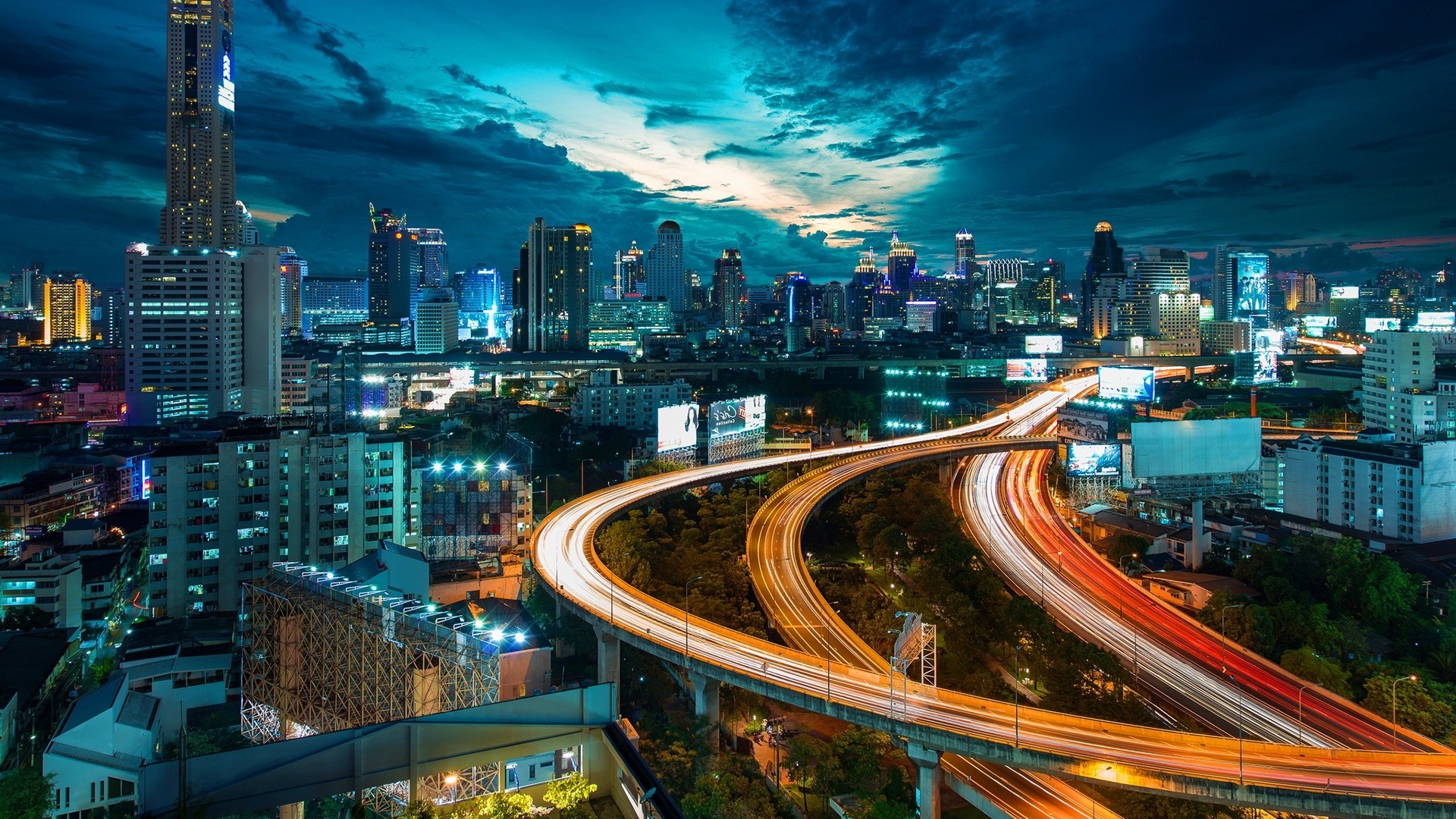 Thailand, Thai, Bangkok, City, Town, Road, Landscape, Building, Architecture, Night, Lights, Street, Sky, Blue, Orange, Clouds Wallpaper HD / Desktop and Mobile Background