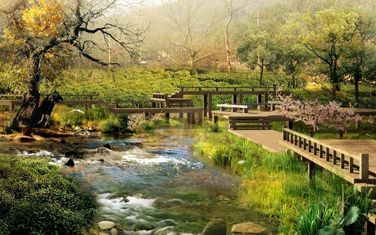 Chinese Garden Scene iPad Wallpaper Free Download