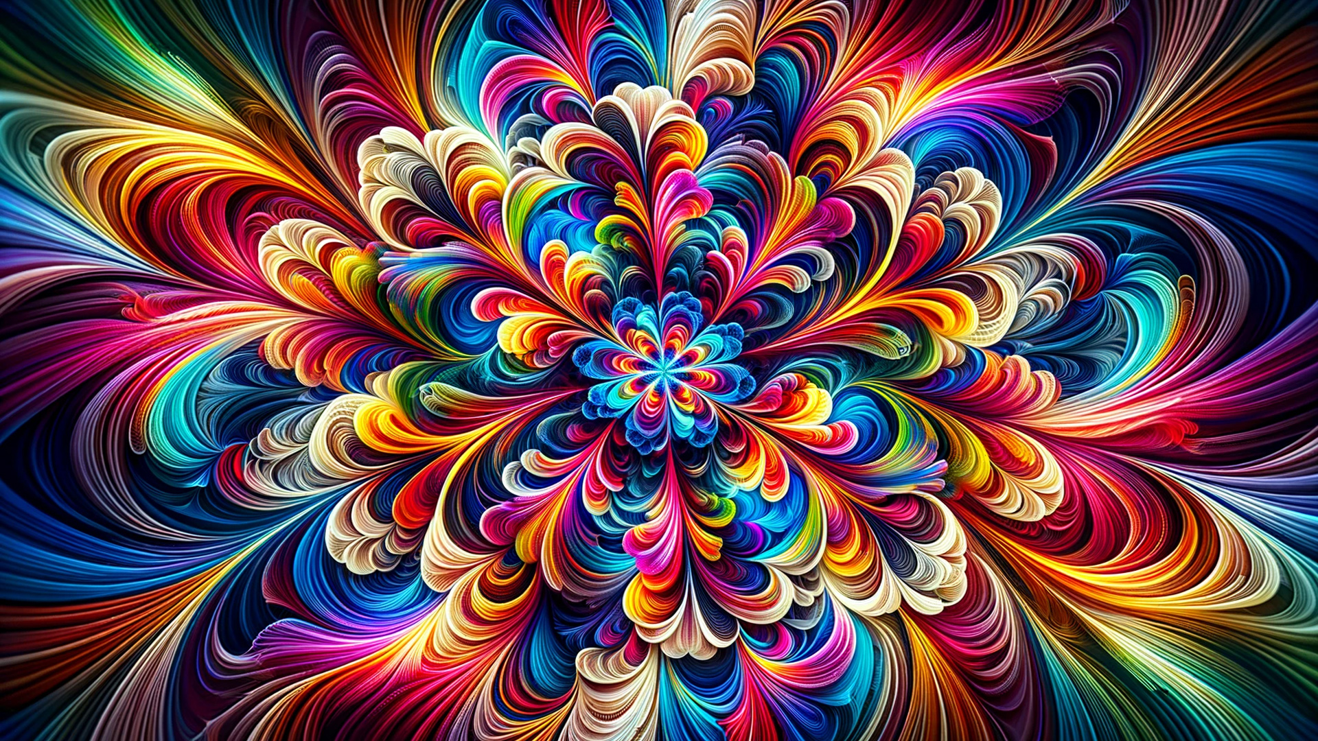 vibrant, kaleidoscopic design featuring an explosion of colors, dynamic pattern creates a mesmerizing symmetrical effect vivid hues HD Abstract Wallpaper