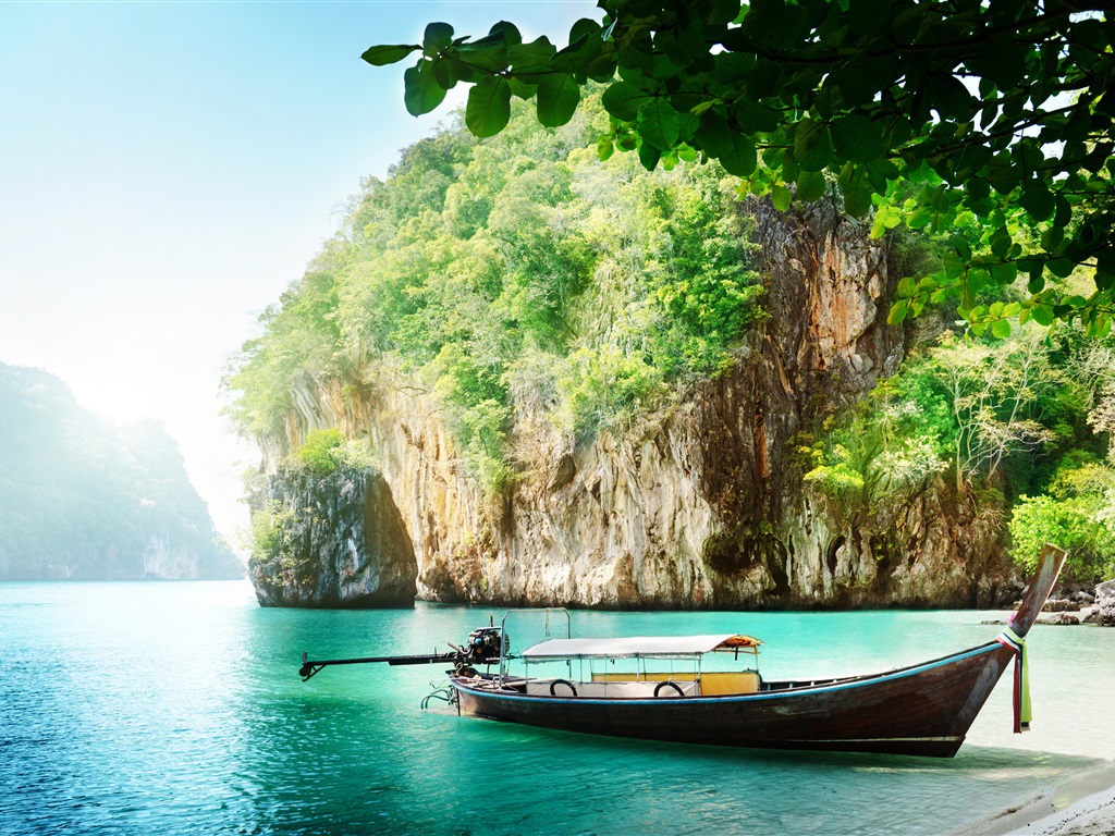 Wallpaper Thailand scenery, coast, sea, boat, cliff, leaves, sunshine 3840x2160 UHD 4K Picture, Image
