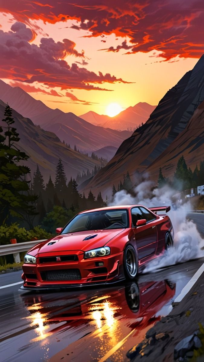 A Red Nissan Skyline GT R R34 Drifting