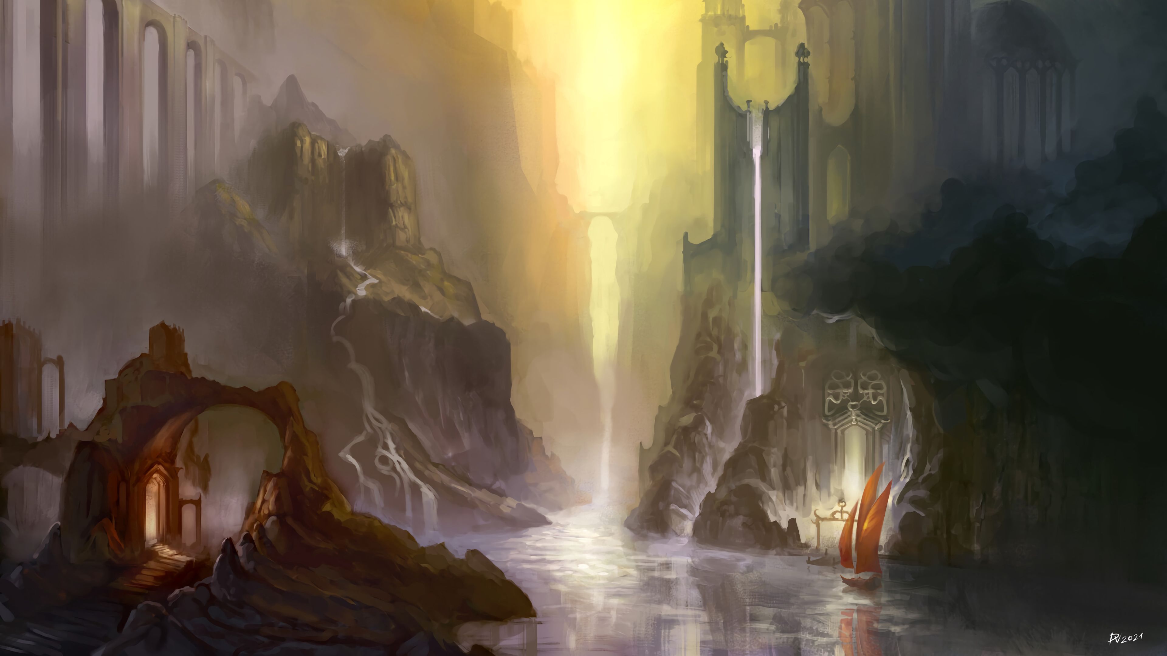 Download wallpaper 3840x2160 ruins, river, water, fantasy, art 4k uhd 16:9 HD background