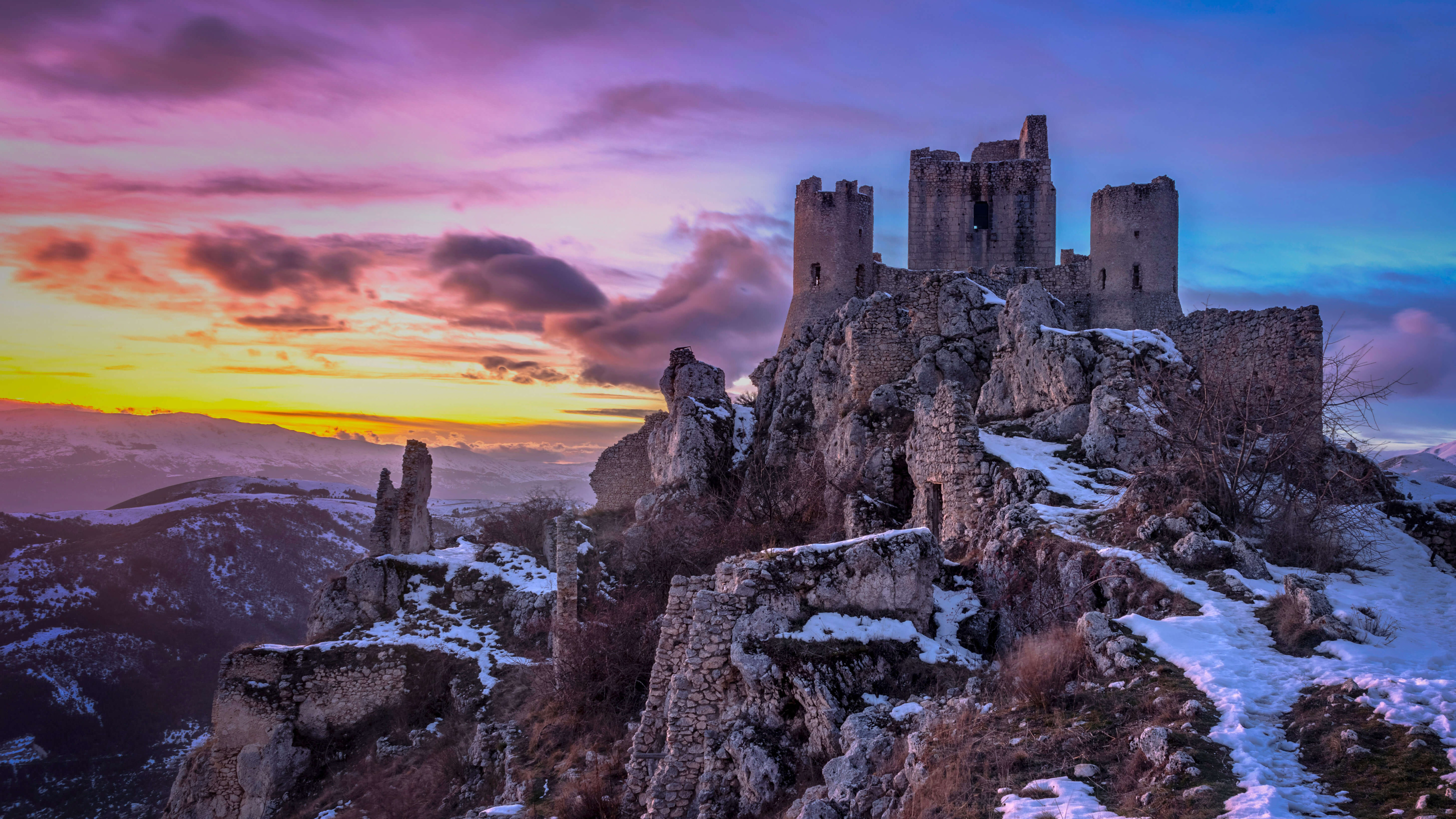 Italy Mountain And Ruin Fortress With Snow 4K 5K HD Nature Wallpaper
