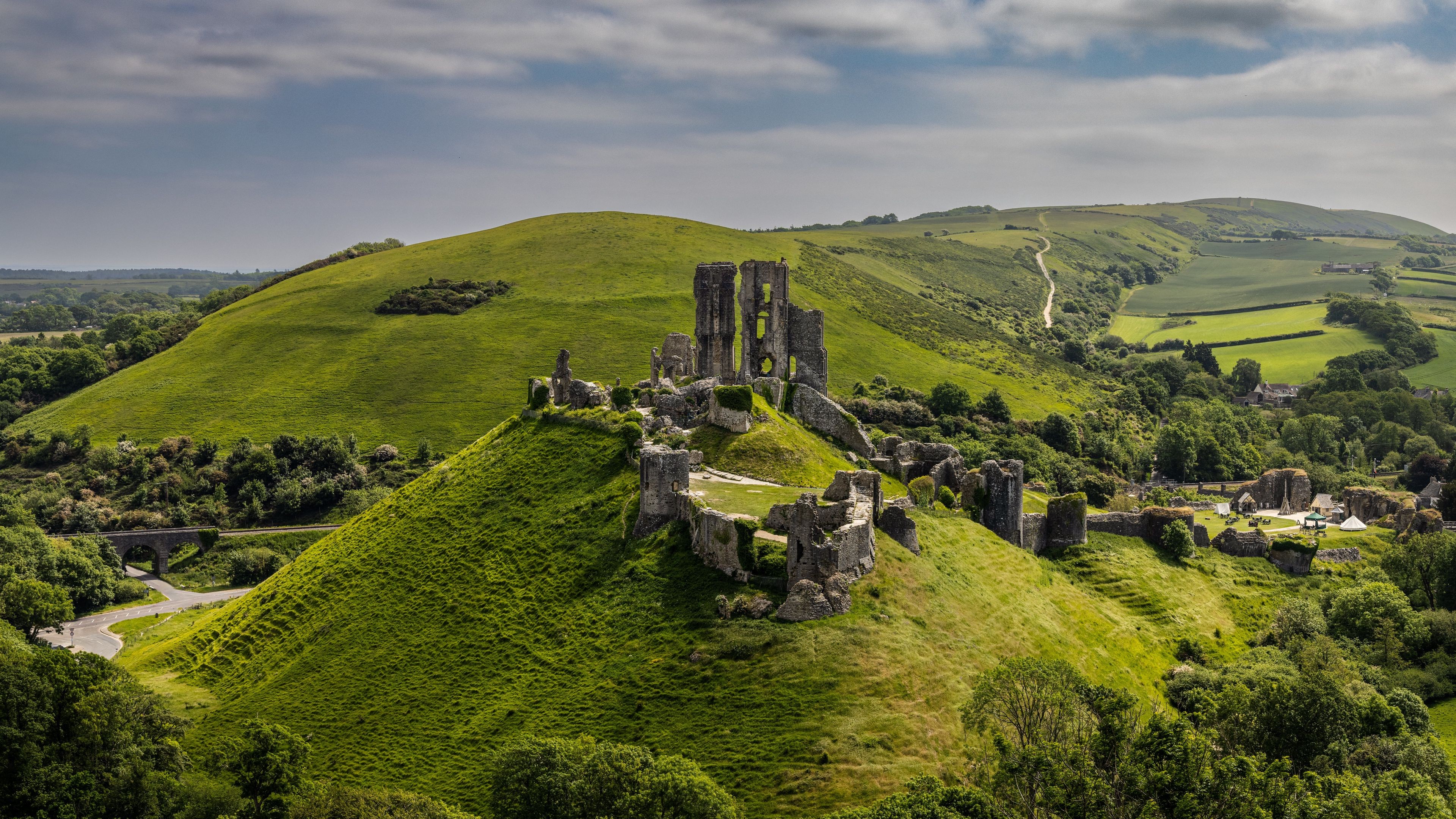 Ruins Hills Grass Slope Trees Nature Clouds Blue Sky 4K HD Nature Wallpaper