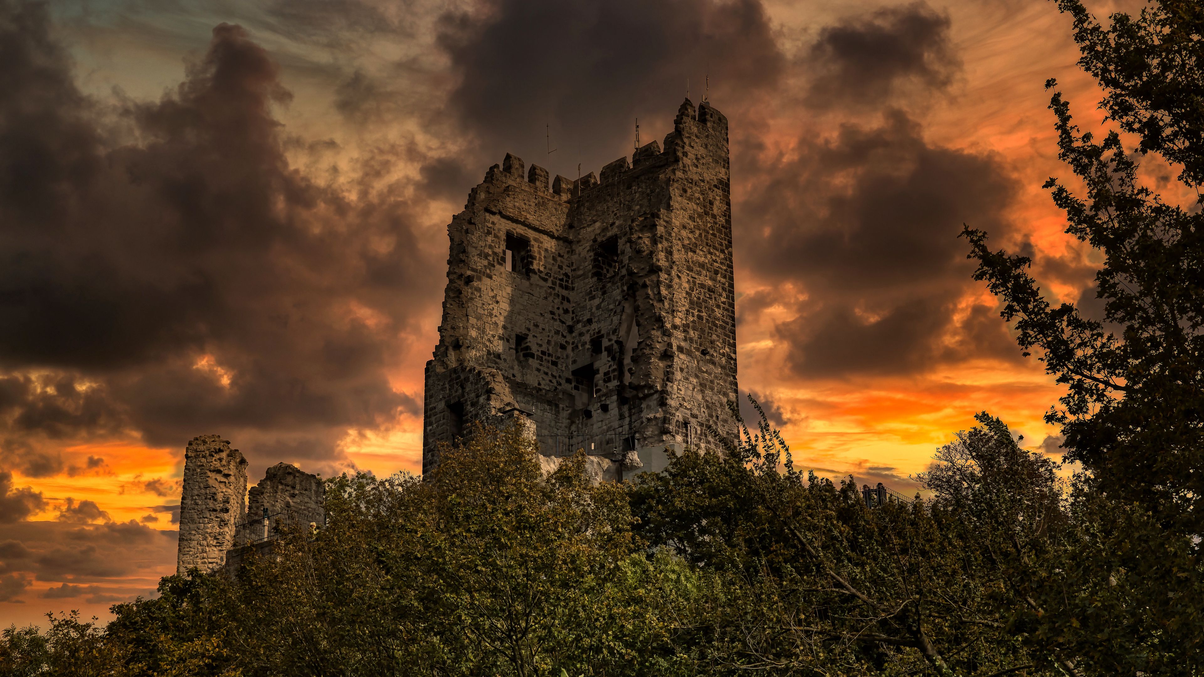 Download wallpaper 3840x2160 ruins, trees, sunset, landscape 4k uhd 16:9 HD background