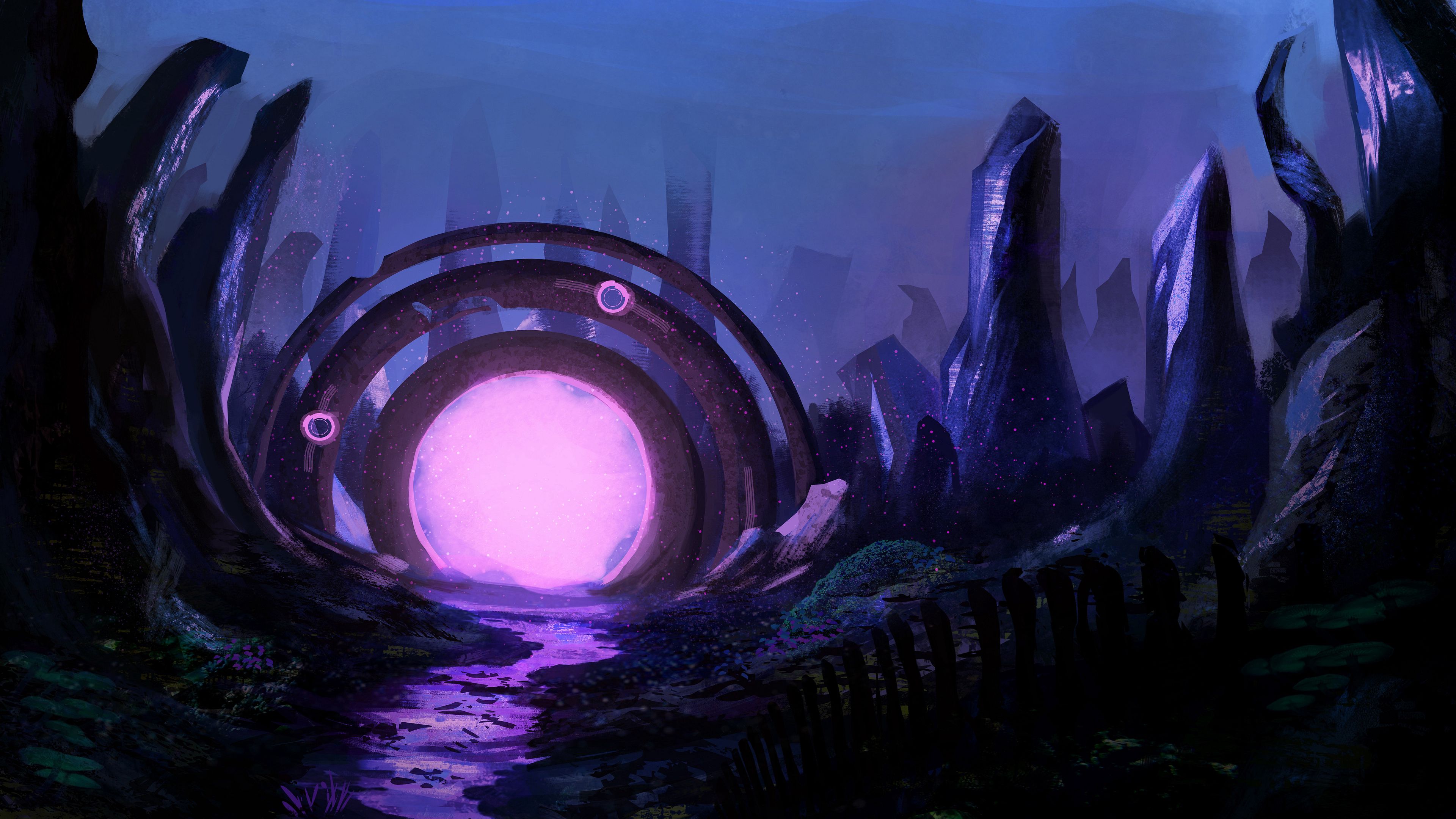 Download wallpaper 3840x2160 portal, ruins, glow, art, purple 4k uhd 16:9 HD background