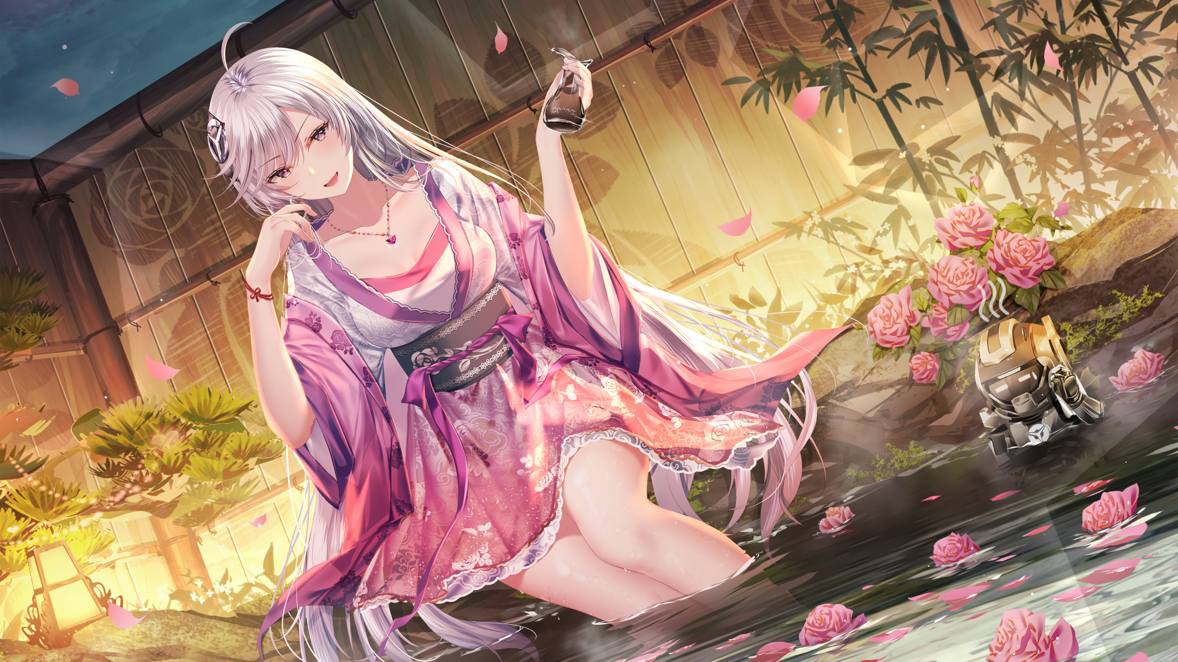 Anime Girl Pink Dress Pond Flowers 4K HD Anime Girl Wallpaper