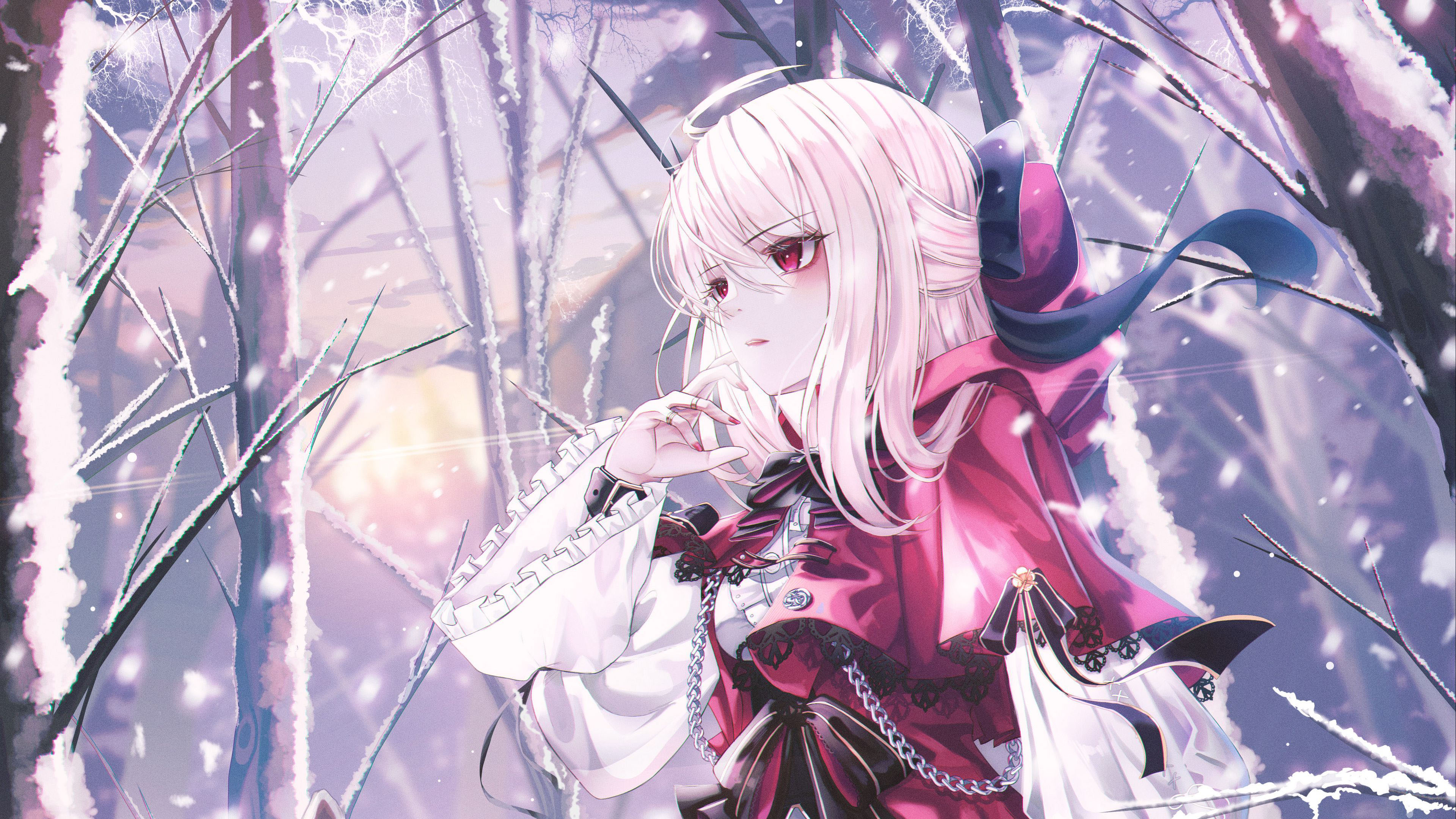 Anime Girl Pink Eyes Pink Dress Snow Falling Forest Background 4K HD Anime Girl Wallpaper