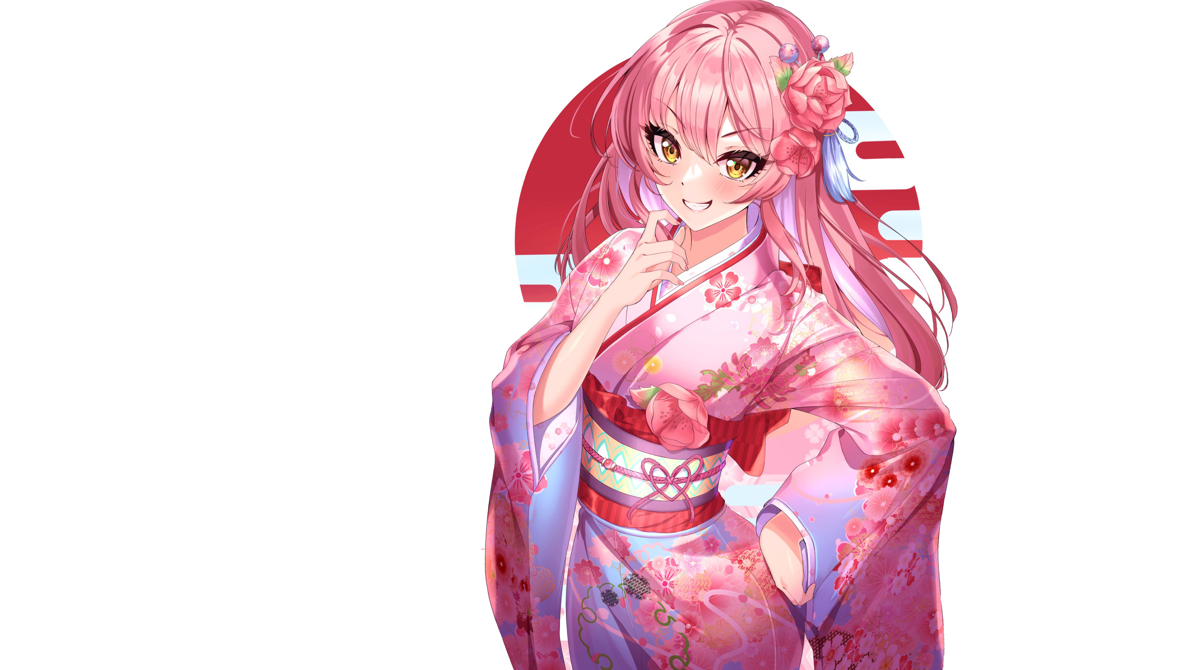 Kimono Pink Hair Anime Girl White Background 4K HD Anime Girl Wallpaper